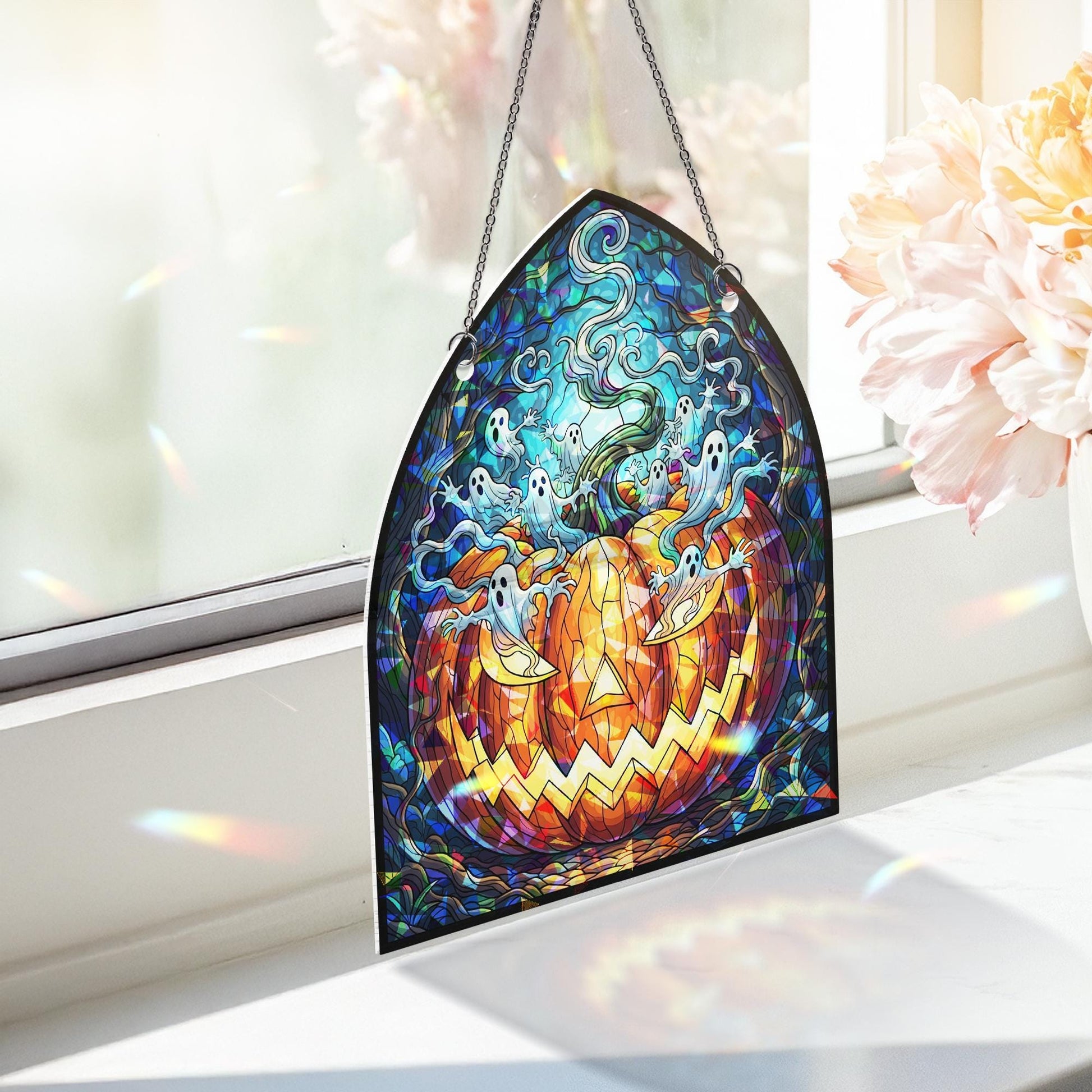 Ghost Pumpkin Sun Catcher – Gothic Halloween Window Decor, Haunted Jack-o’-Lantern Art Glass
