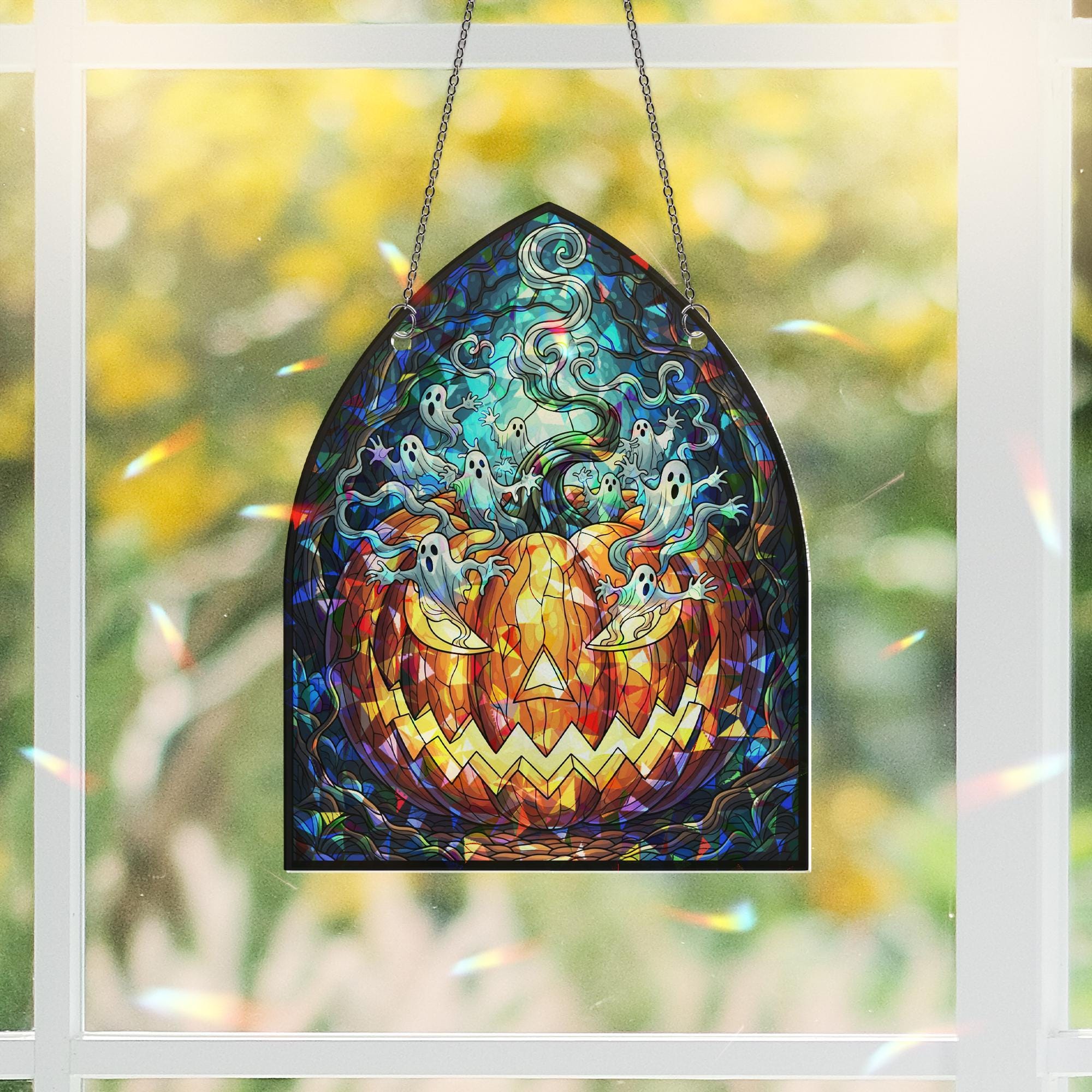 Ghost Pumpkin Sun Catcher – Gothic Halloween Window Decor, Haunted Jack-o’-Lantern Art Glass