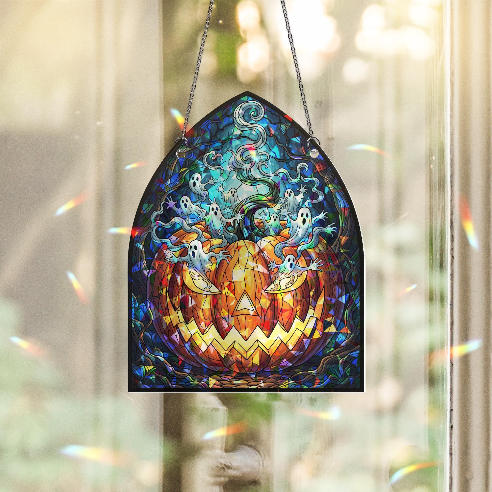 Ghost Pumpkin Sun Catcher – Gothic Halloween Window Decor, Haunted Jack-o’-Lantern Art Glass