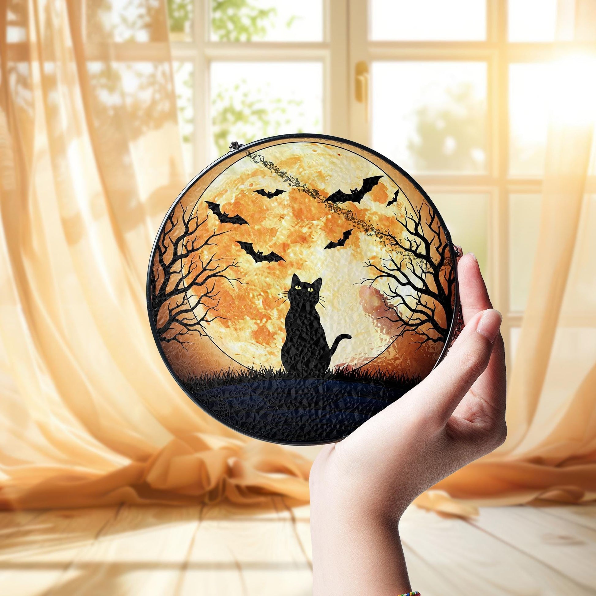 Halloween Stained Glass Cat Moon Suncatcher, Black Cat Decor, Spooky Bat Window Hanging, Gothic Home Decor Gift