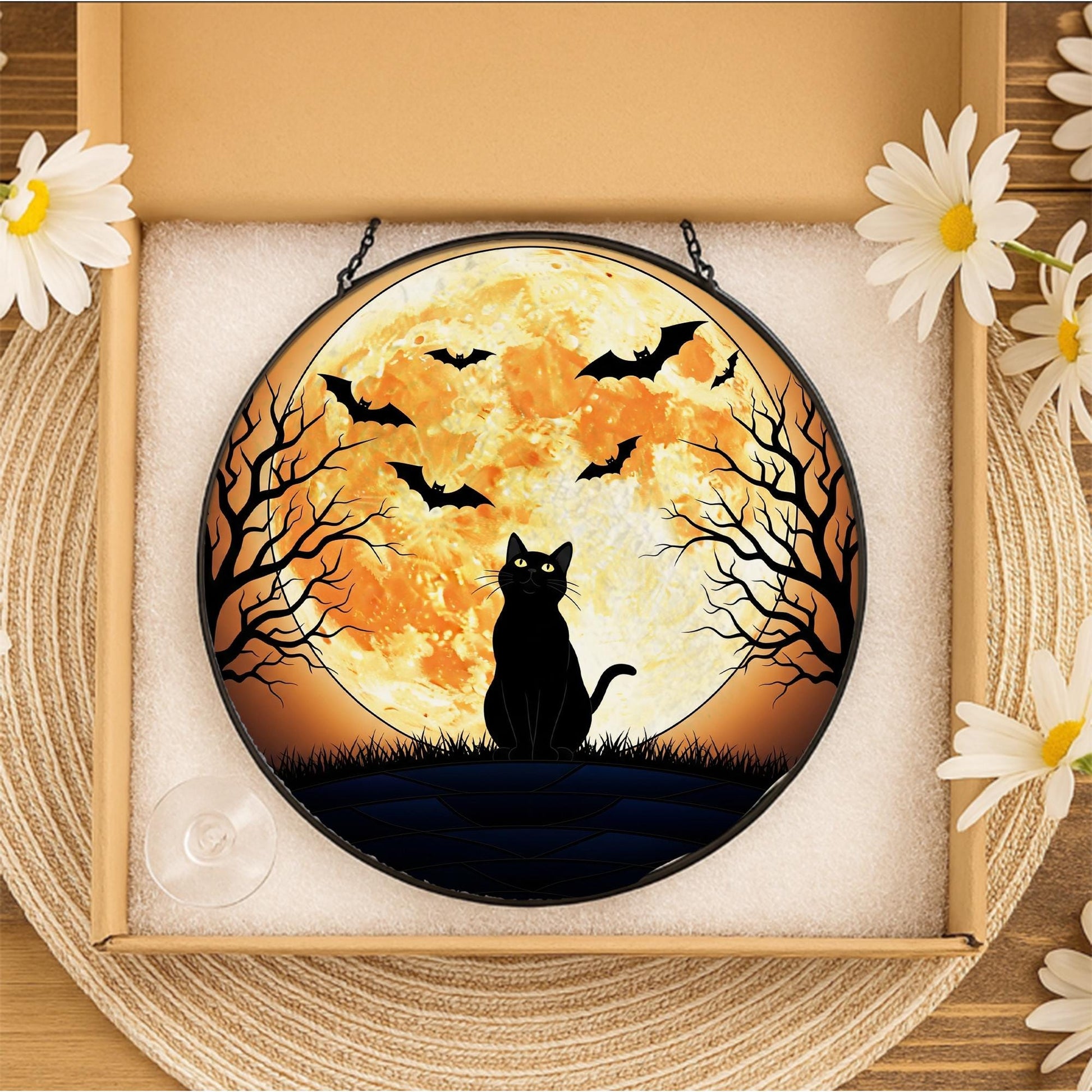 Halloween Stained Glass Cat Moon Suncatcher, Black Cat Decor, Spooky Bat Window Hanging, Gothic Home Decor Gift