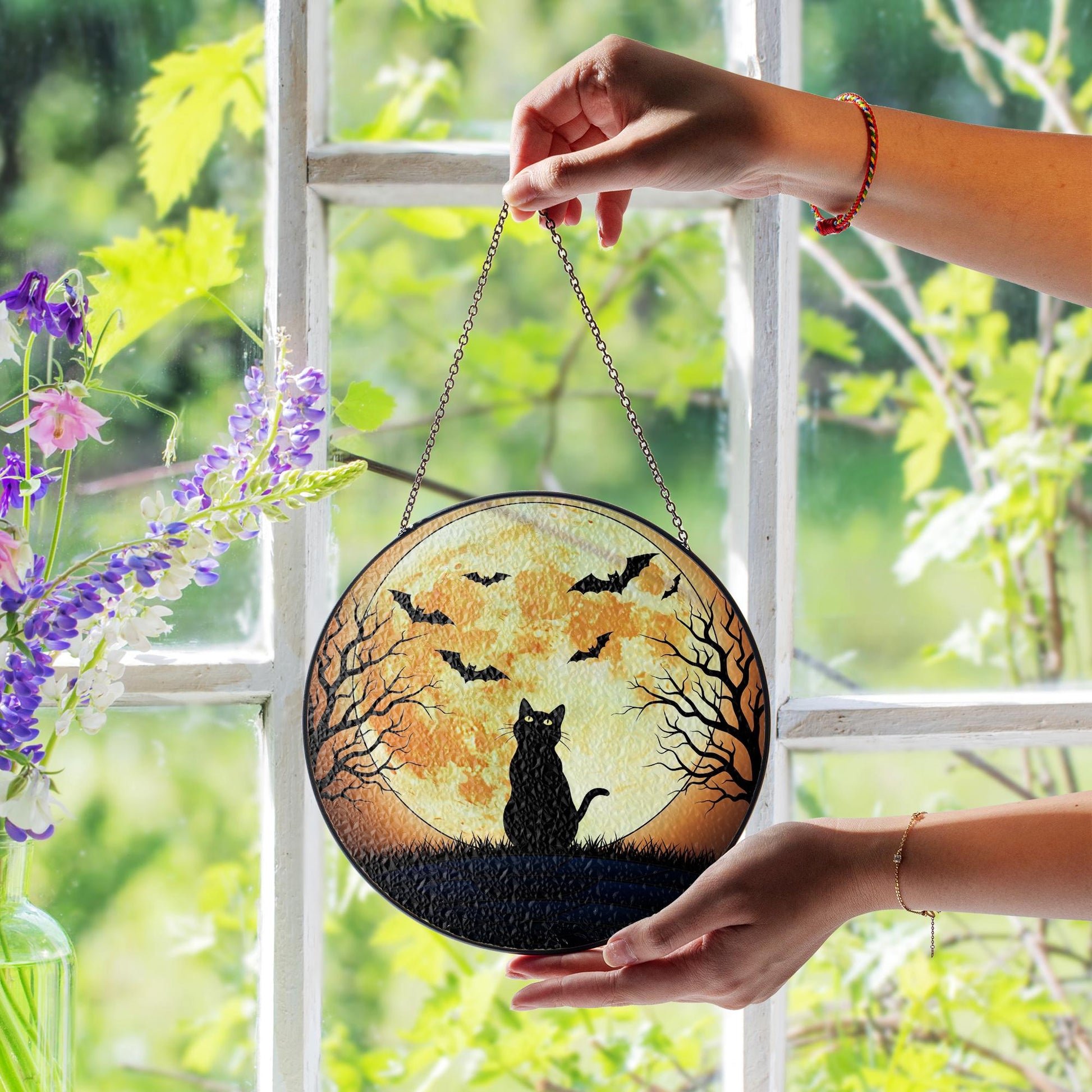 Halloween Stained Glass Cat Moon Suncatcher, Black Cat Decor, Spooky Bat Window Hanging, Gothic Home Decor Gift