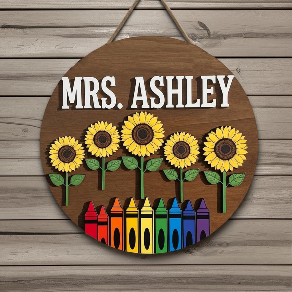 Personalized Teacher Sunflower, Sign, 2 Layer Wooden Door Hanger, Custom Classroom Decor, Back to School Gift, Round Teacher Name Sign
