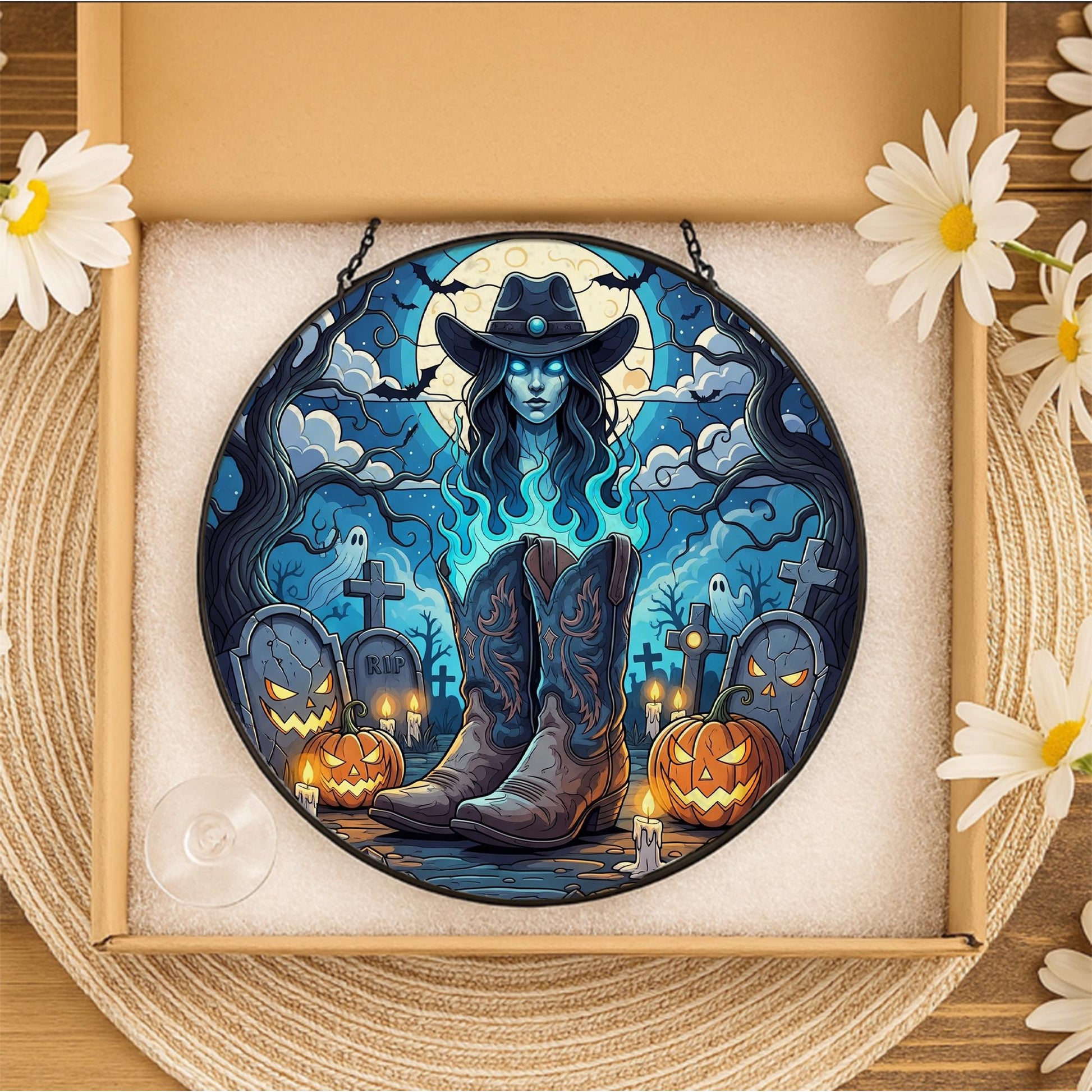 Ghost Cowgirl Sun Catcher – Spooky Western Halloween Window Decor, Gothic Graveyard Art