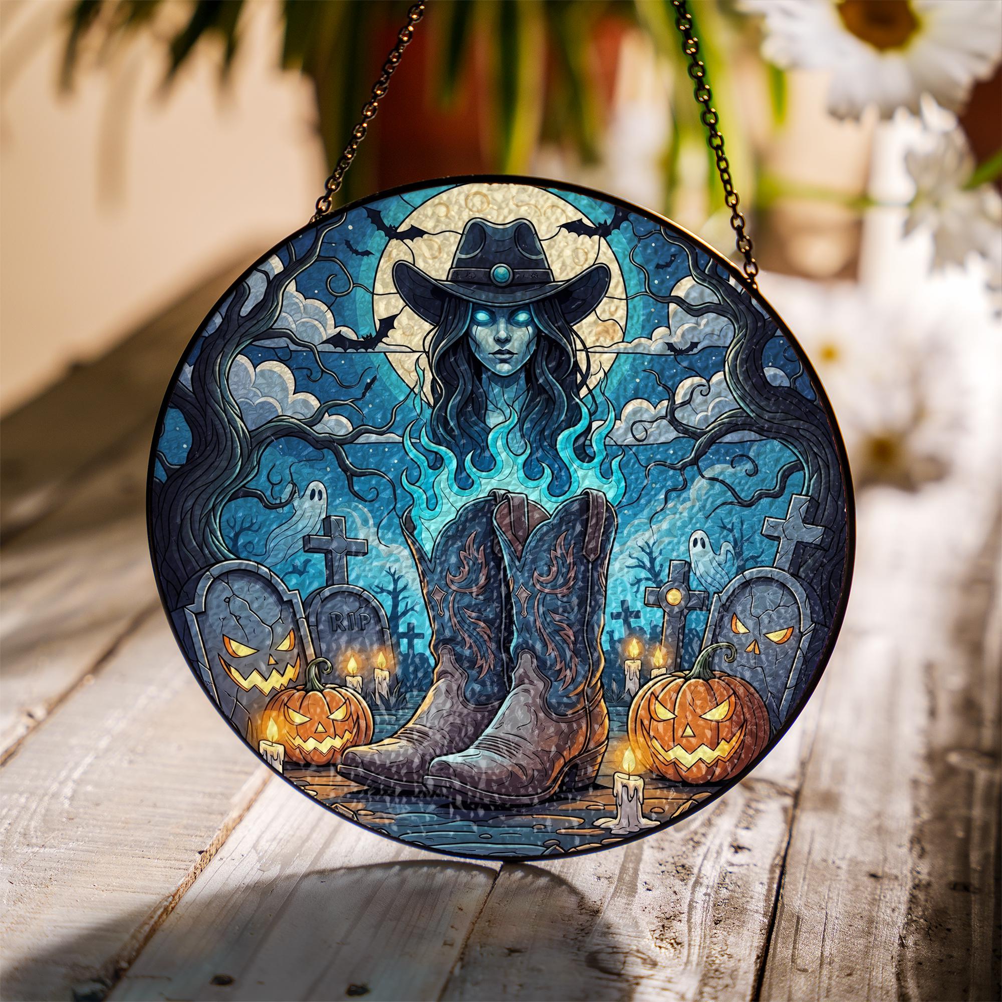 Ghost Cowgirl Sun Catcher – Spooky Western Halloween Window Decor, Gothic Graveyard Art