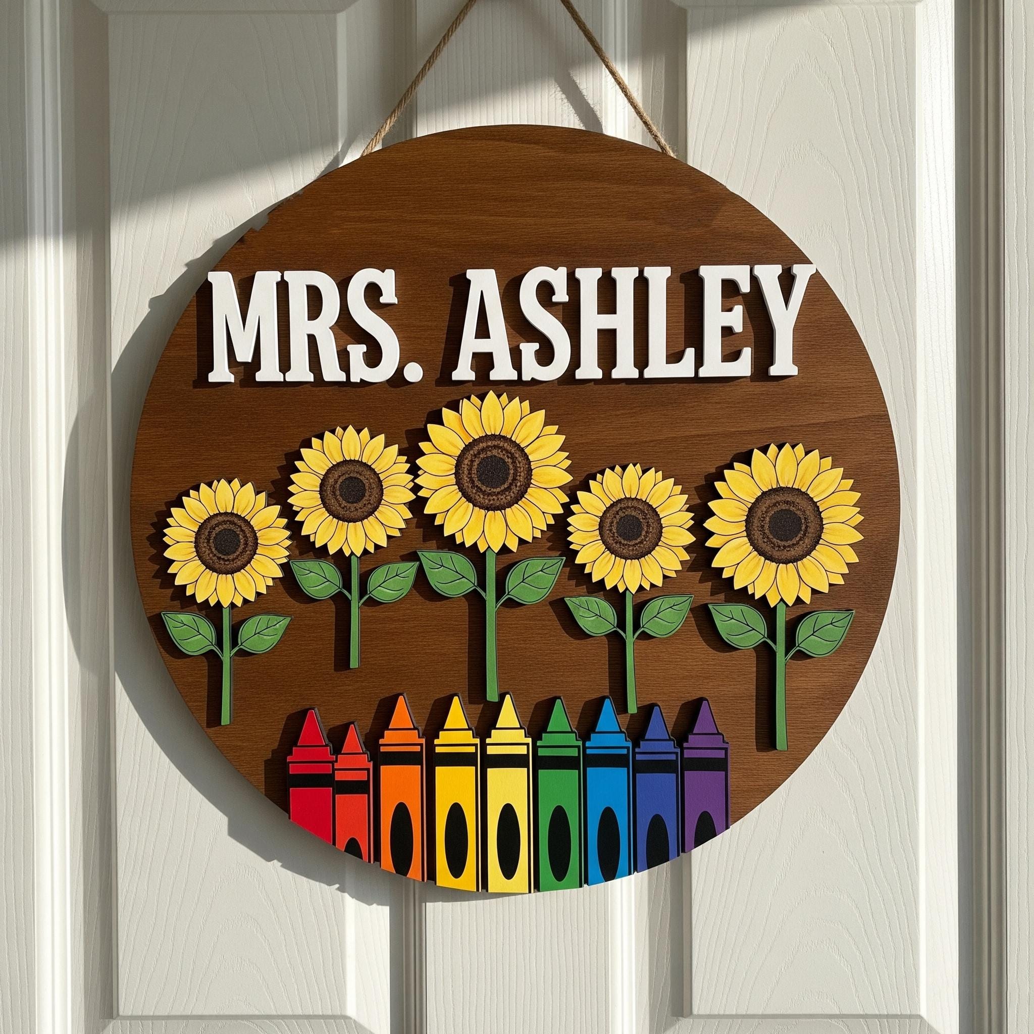 Personalized Teacher Sunflower, Sign, 2 Layer Wooden Door Hanger, Custom Classroom Decor, Back to School Gift, Round Teacher Name Sign