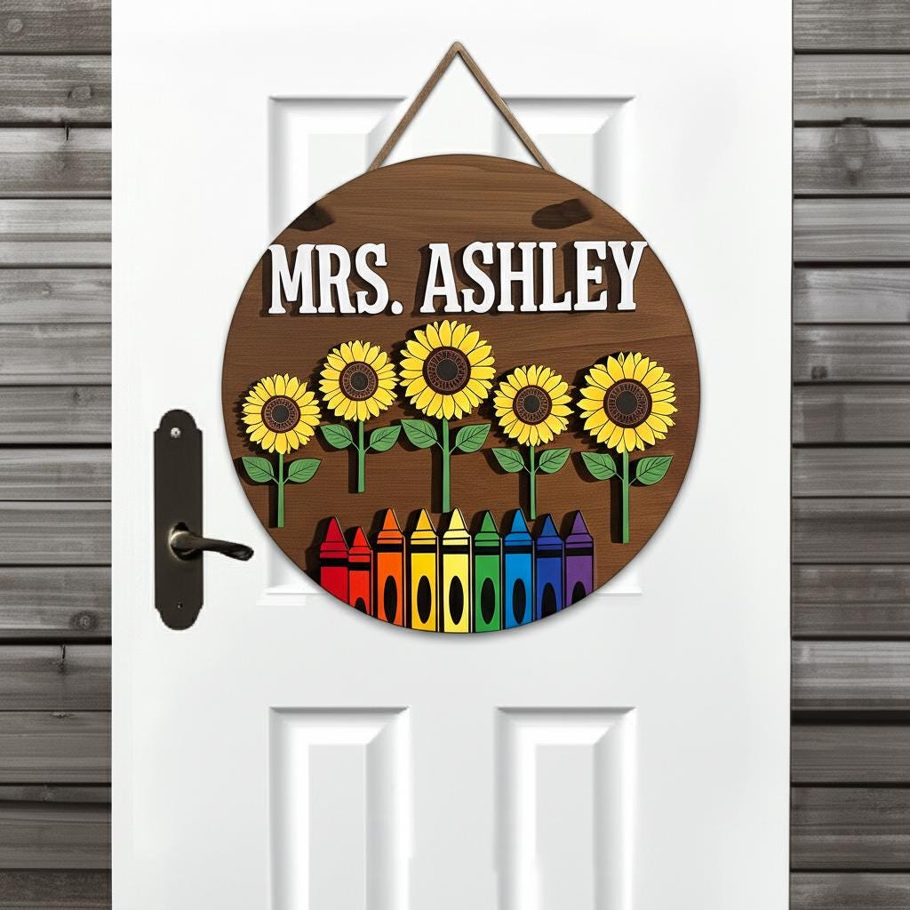 Personalized Teacher Sunflower, Sign, 2 Layer Wooden Door Hanger, Custom Classroom Decor, Back to School Gift, Round Teacher Name Sign