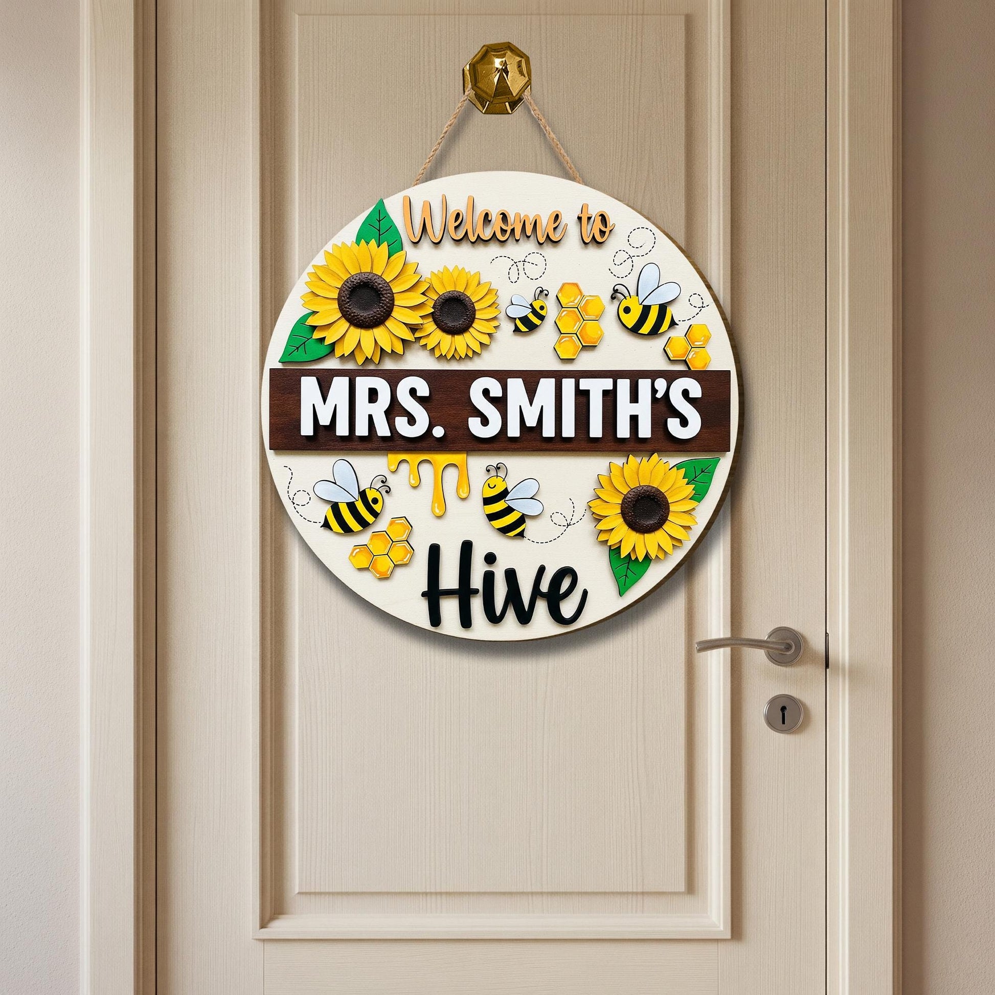 Welcome to Teacher Hive 2 Layer Wooden Sign – Personalized Bee Classroom Door Decor – Sunflower Teacher Wall Hanger – Back to School Gift