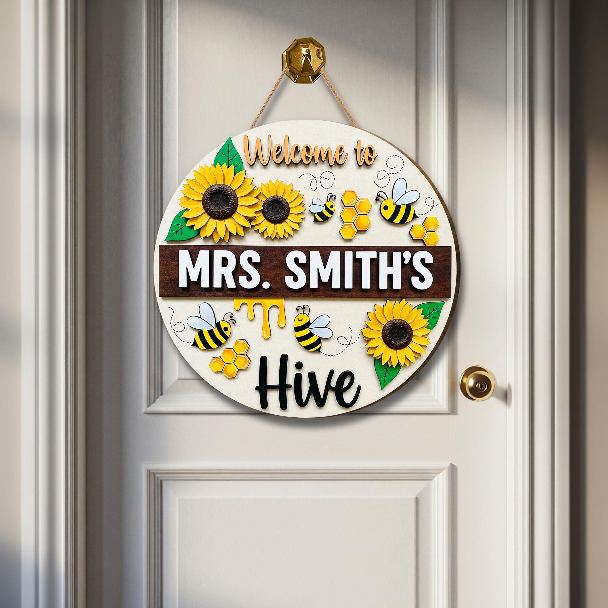 Welcome to Teacher Hive 2 Layer Wooden Sign – Personalized Bee Classroom Door Decor – Sunflower Teacher Wall Hanger – Back to School Gift
