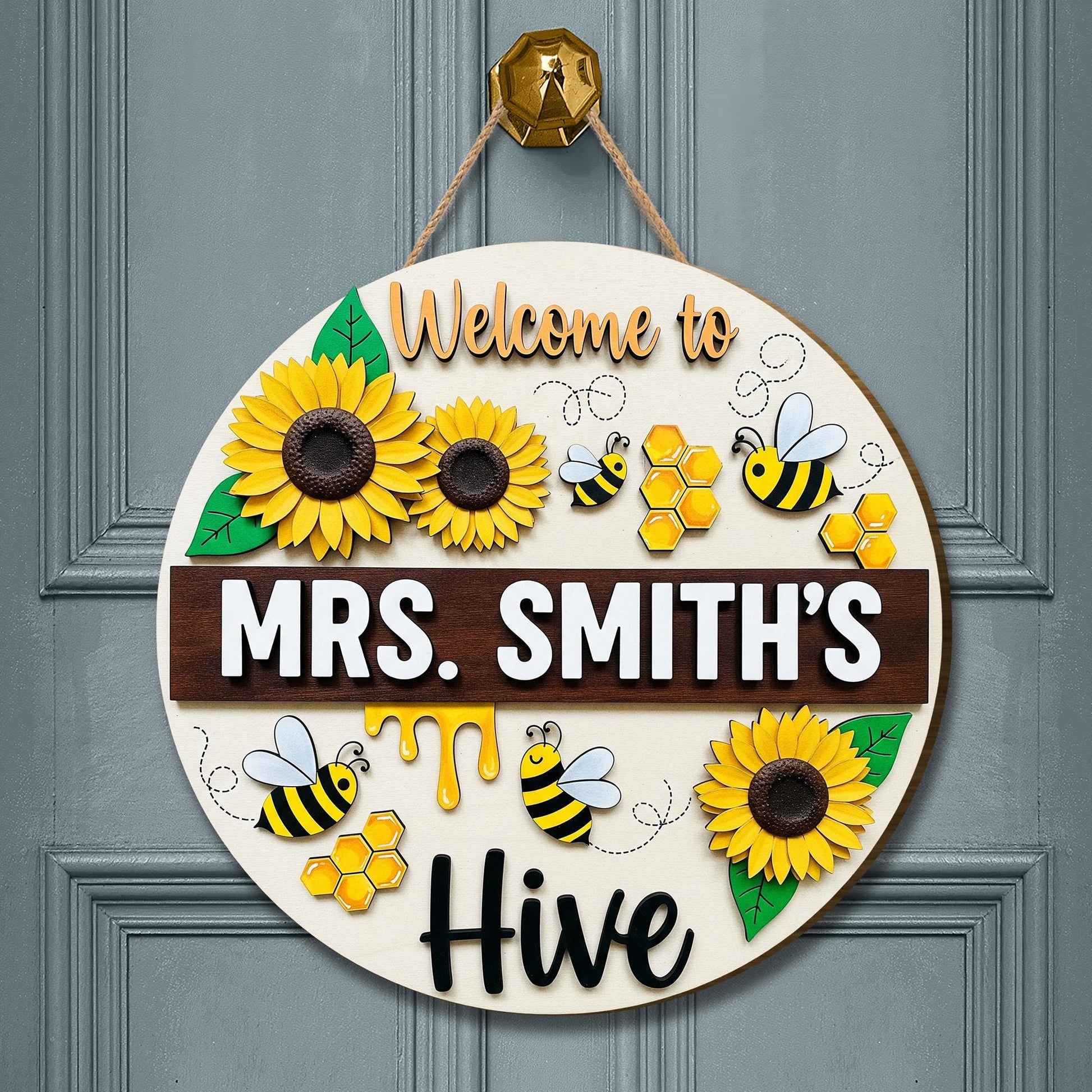 Welcome to Teacher Hive 2 Layer Wooden Sign – Personalized Bee Classroom Door Decor – Sunflower Teacher Wall Hanger – Back to School Gift