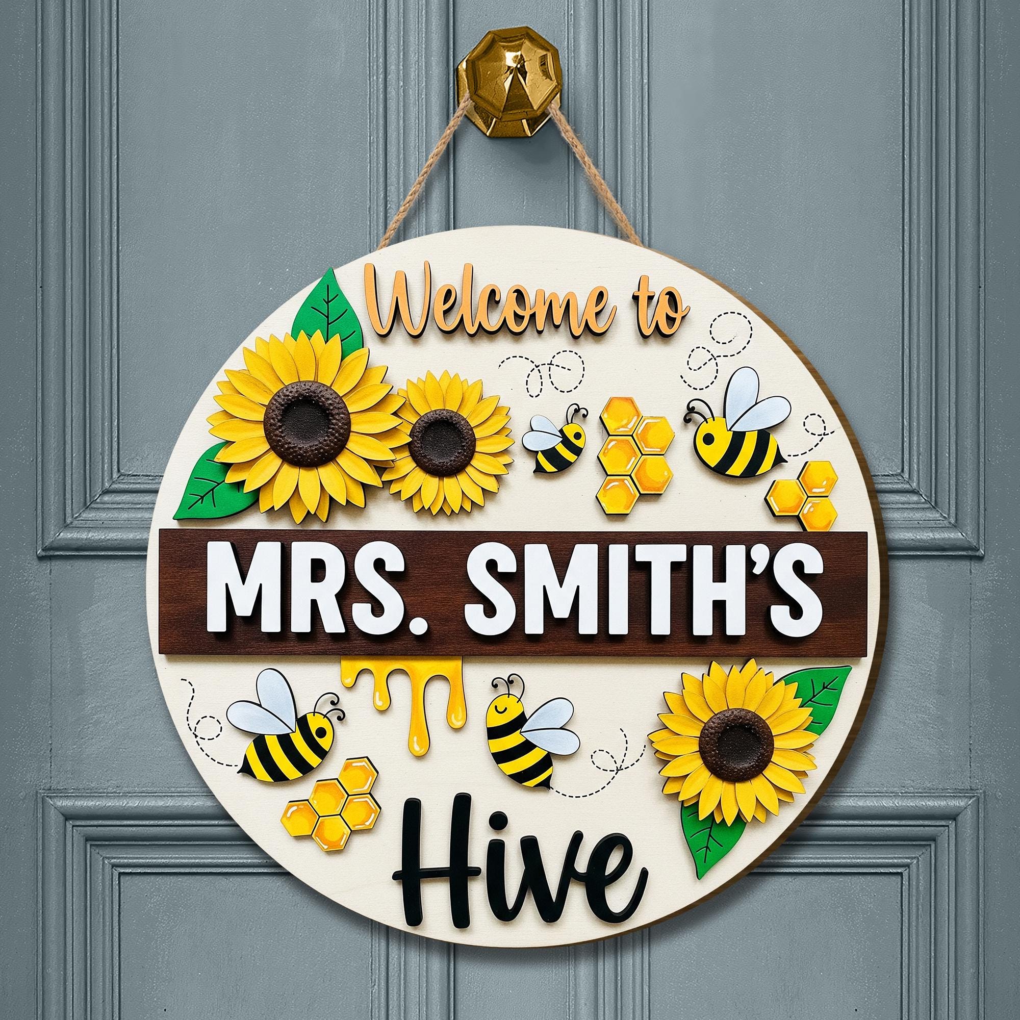Welcome to Teacher Hive 2 Layer Wooden Sign – Personalized Bee Classroom Door Decor – Sunflower Teacher Wall Hanger – Back to School Gift