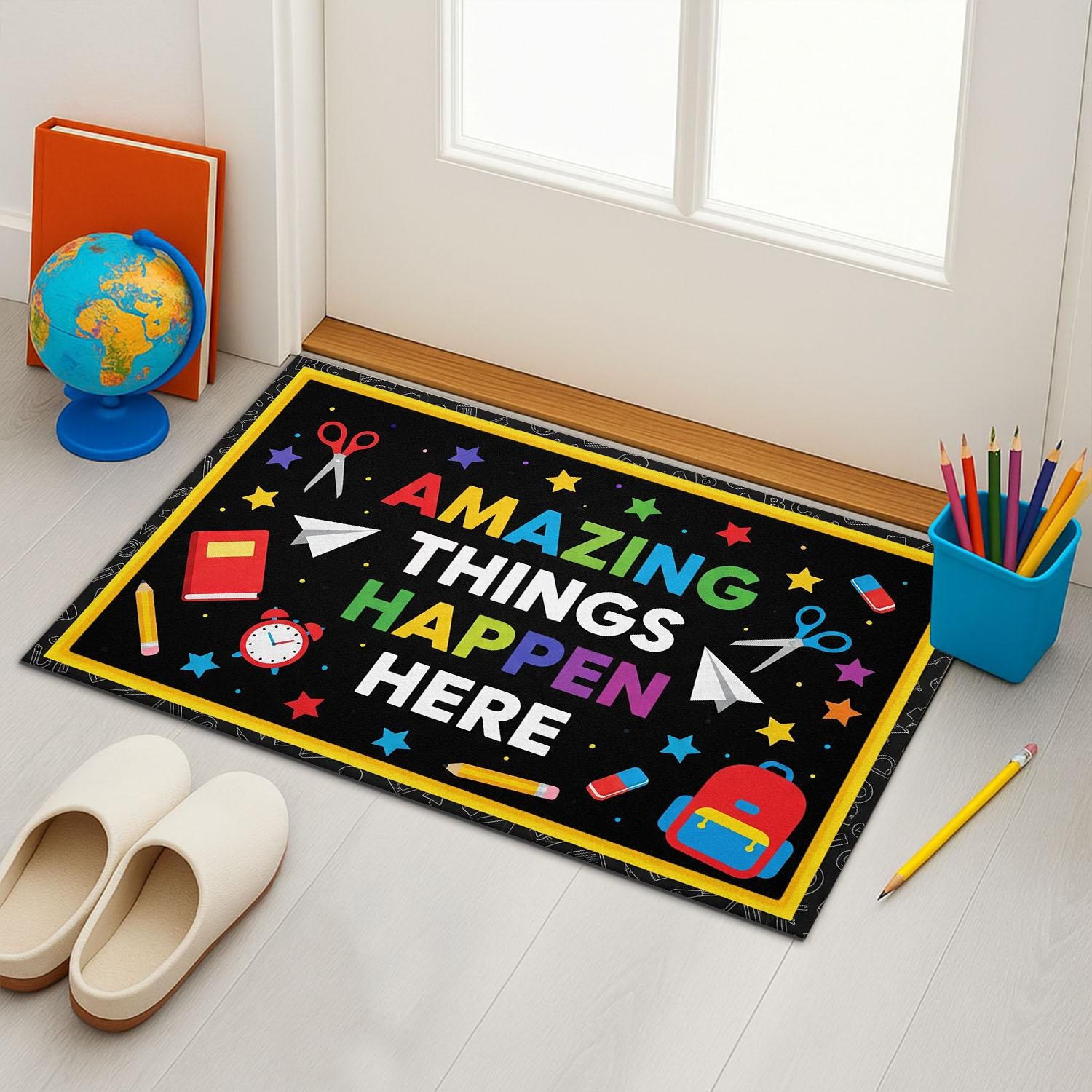 Colorful Classroom Doormat - “Amazing Things Happen Here” Rug for Teachers, Back to School Decor, Welcome Mat for School Entrance