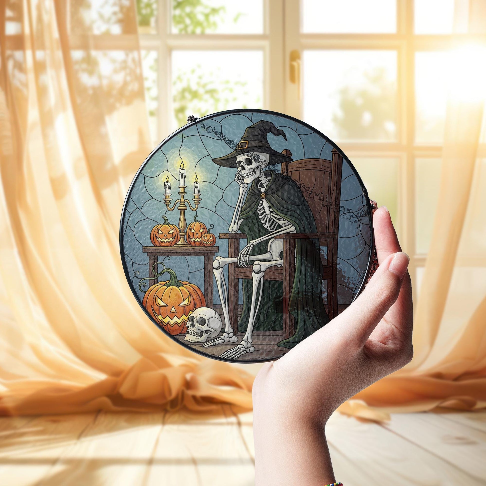 Halloween Stained Glass Skeleton Suncatcher, Witch Skeleton Decor, Spooky Pumpkin Window Art, Gothic Home Decor Gift