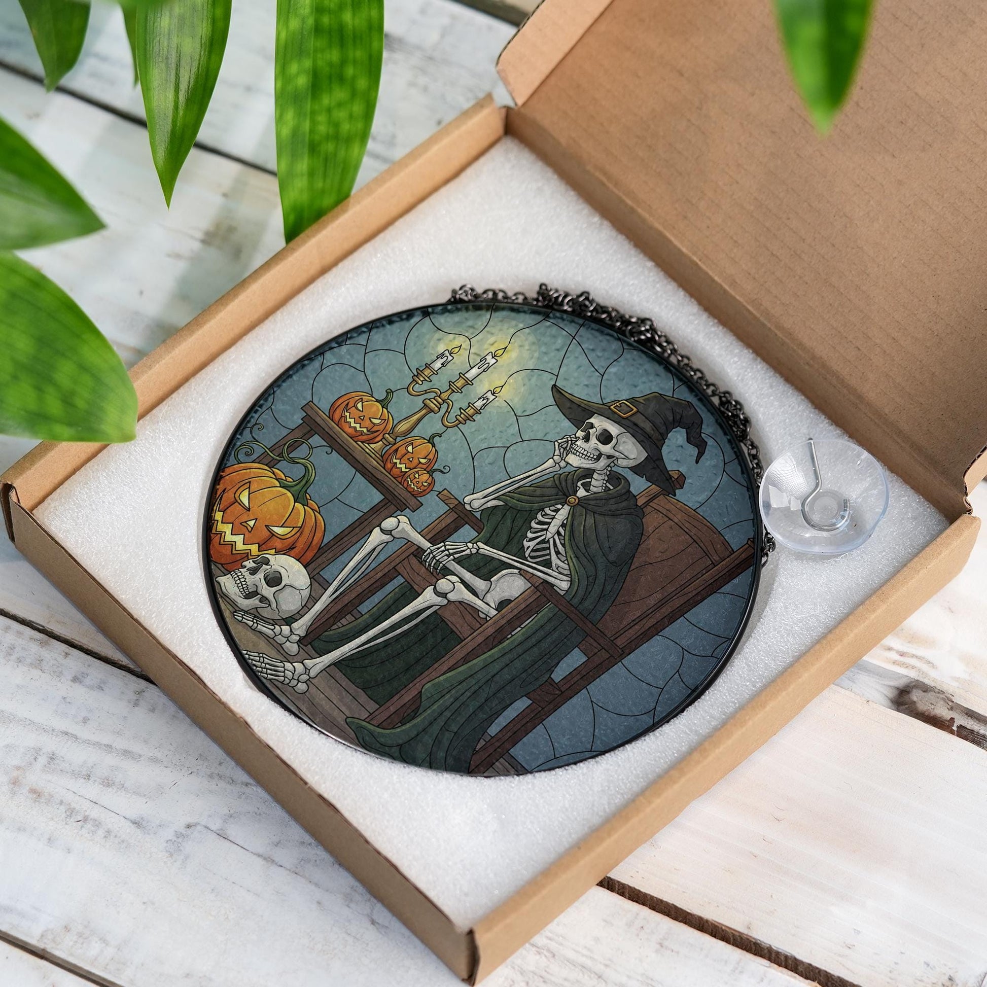 Halloween Stained Glass Skeleton Suncatcher, Witch Skeleton Decor, Spooky Pumpkin Window Art, Gothic Home Decor Gift