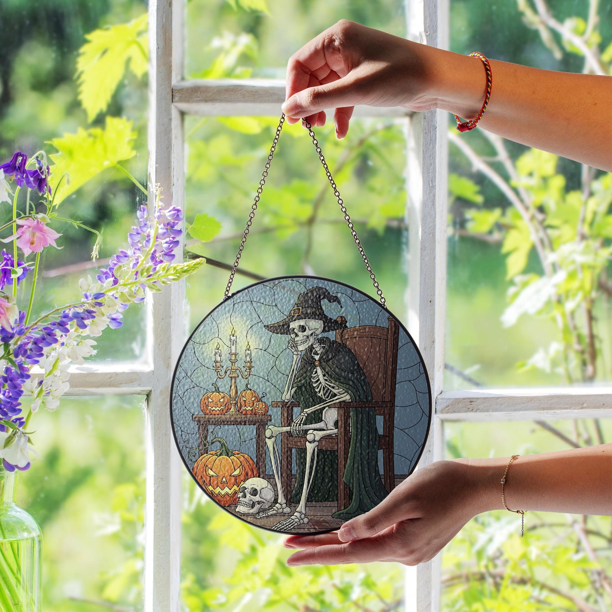 Halloween Stained Glass Skeleton Suncatcher, Witch Skeleton Decor, Spooky Pumpkin Window Art, Gothic Home Decor Gift