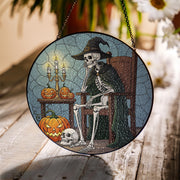 Halloween Stained Glass Skeleton Suncatcher, Witch Skeleton Decor, Spooky Pumpkin Window Art, Gothic Home Decor Gift