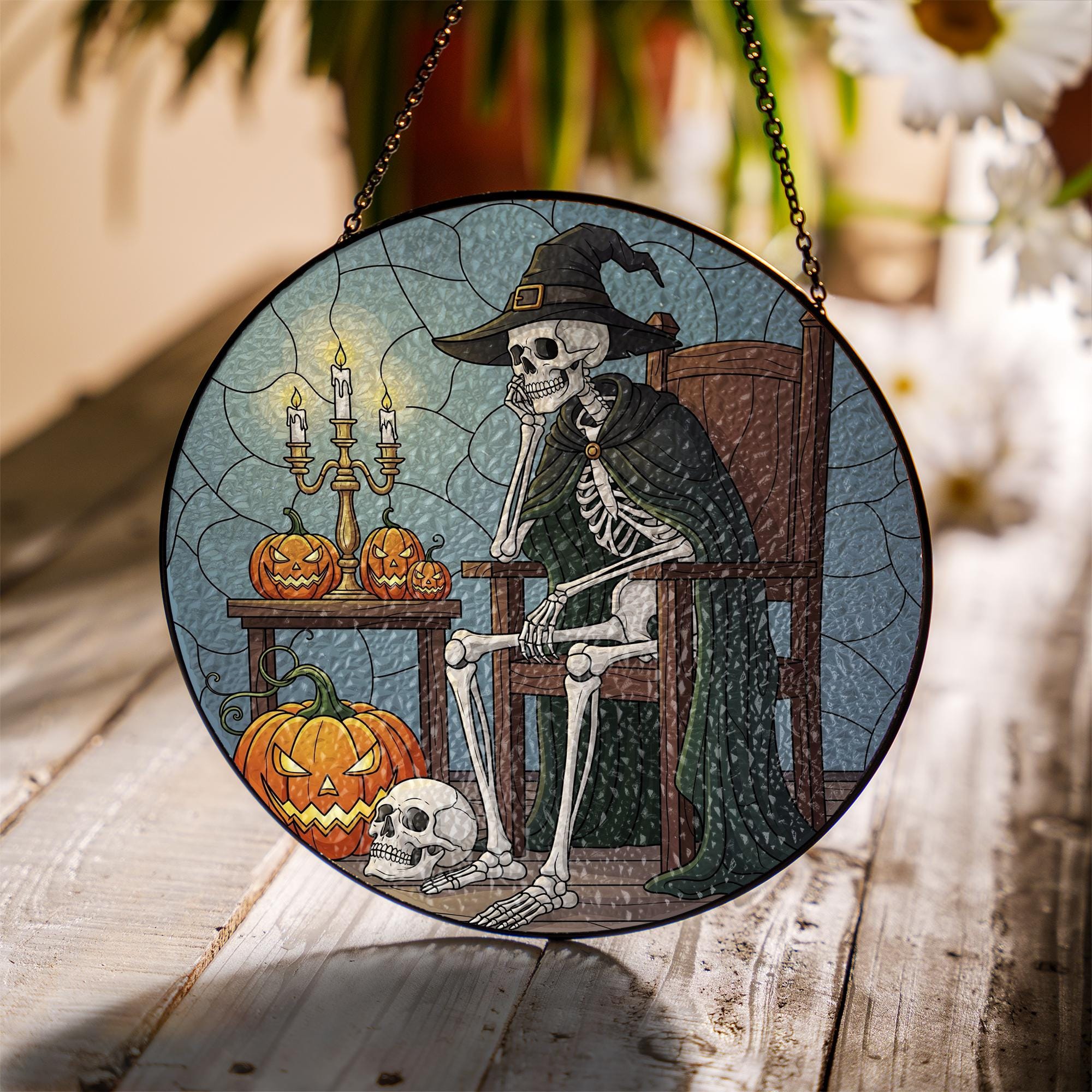 Halloween Stained Glass Skeleton Suncatcher, Witch Skeleton Decor, Spooky Pumpkin Window Art, Gothic Home Decor Gift