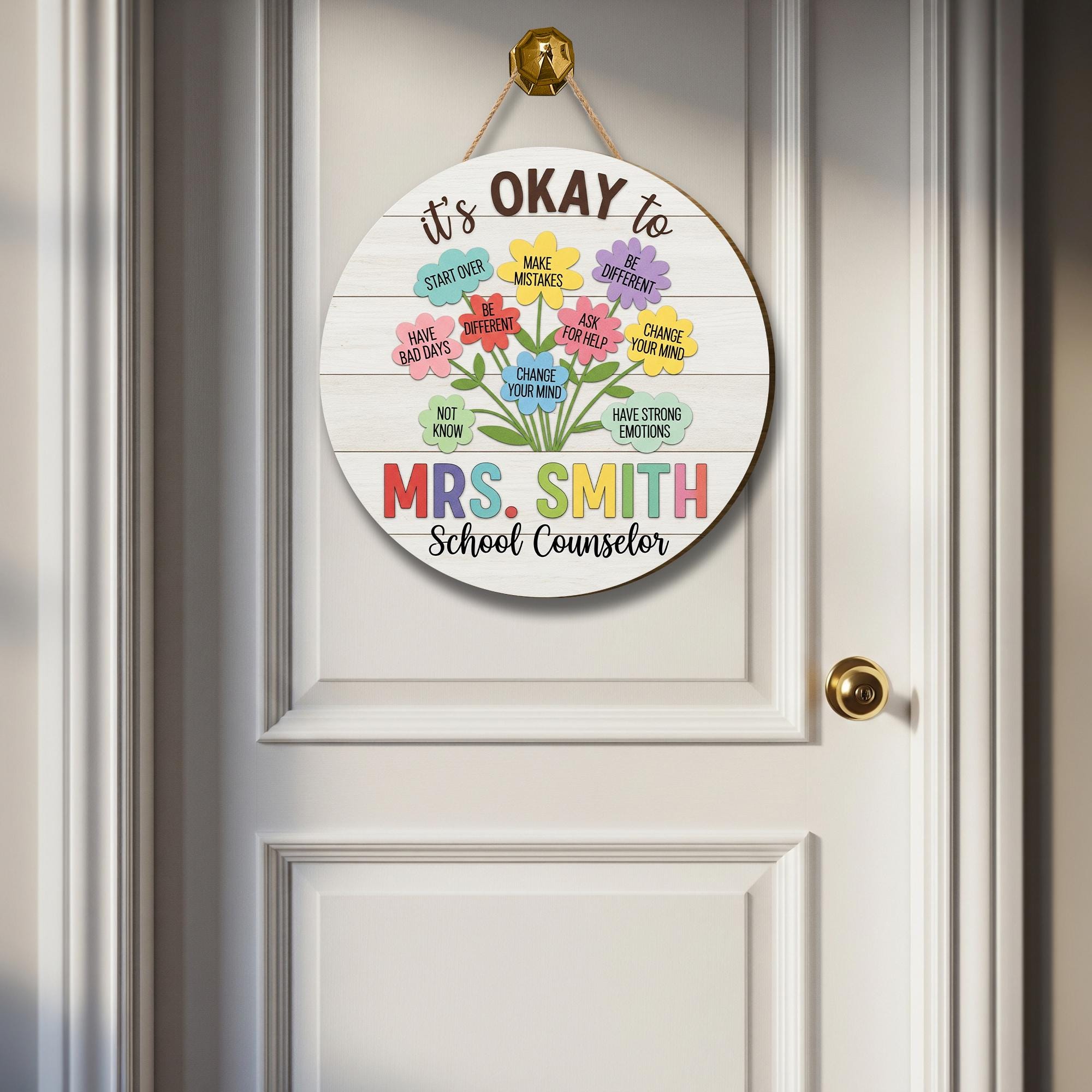It’s Okay to Sign for School Counselor – Personalized Office Door 2 Layer Wooden Decor, Mental Health Awareness Gift, Flower Quote Wall Sign