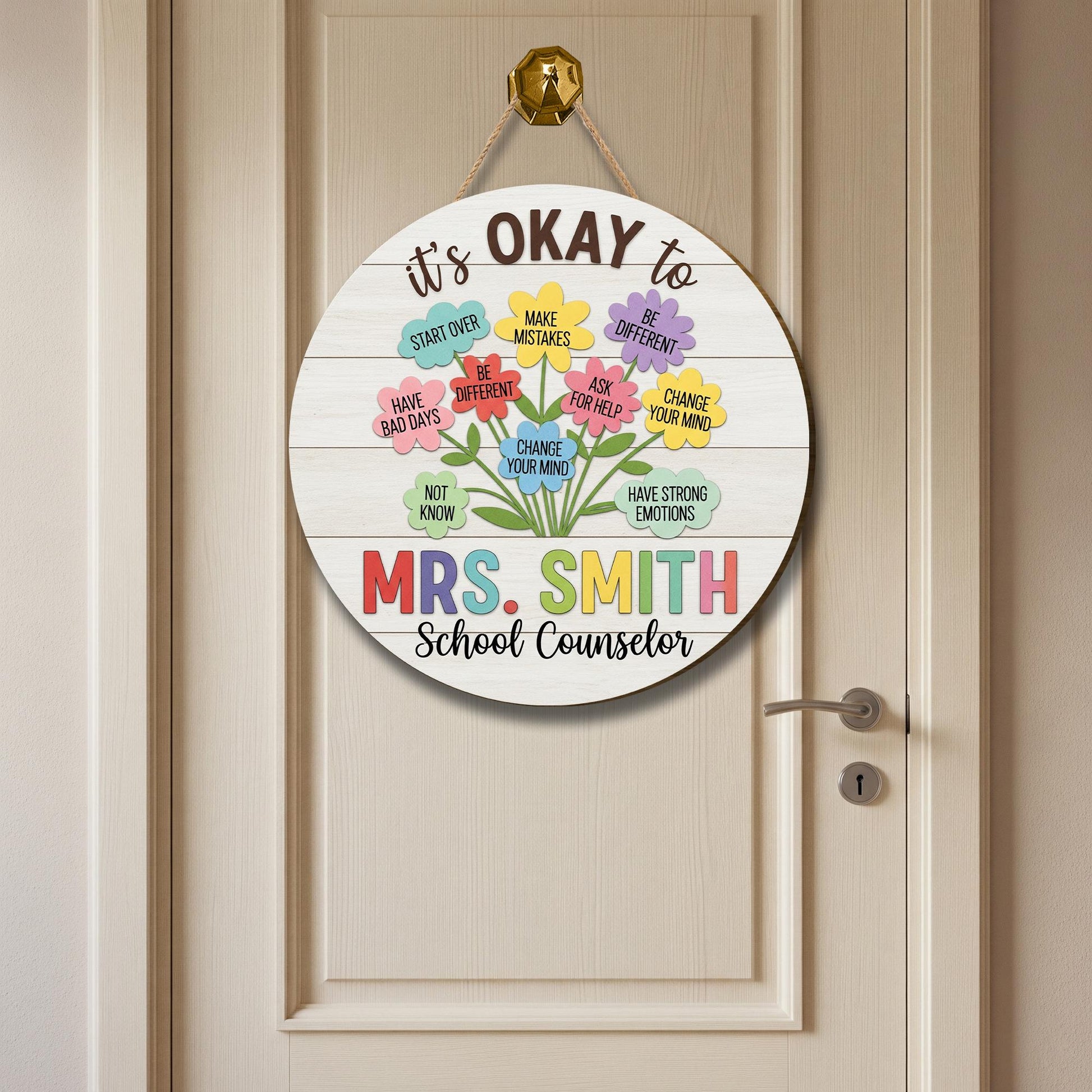 It’s Okay to Sign for School Counselor – Personalized Office Door 2 Layer Wooden Decor, Mental Health Awareness Gift, Flower Quote Wall Sign