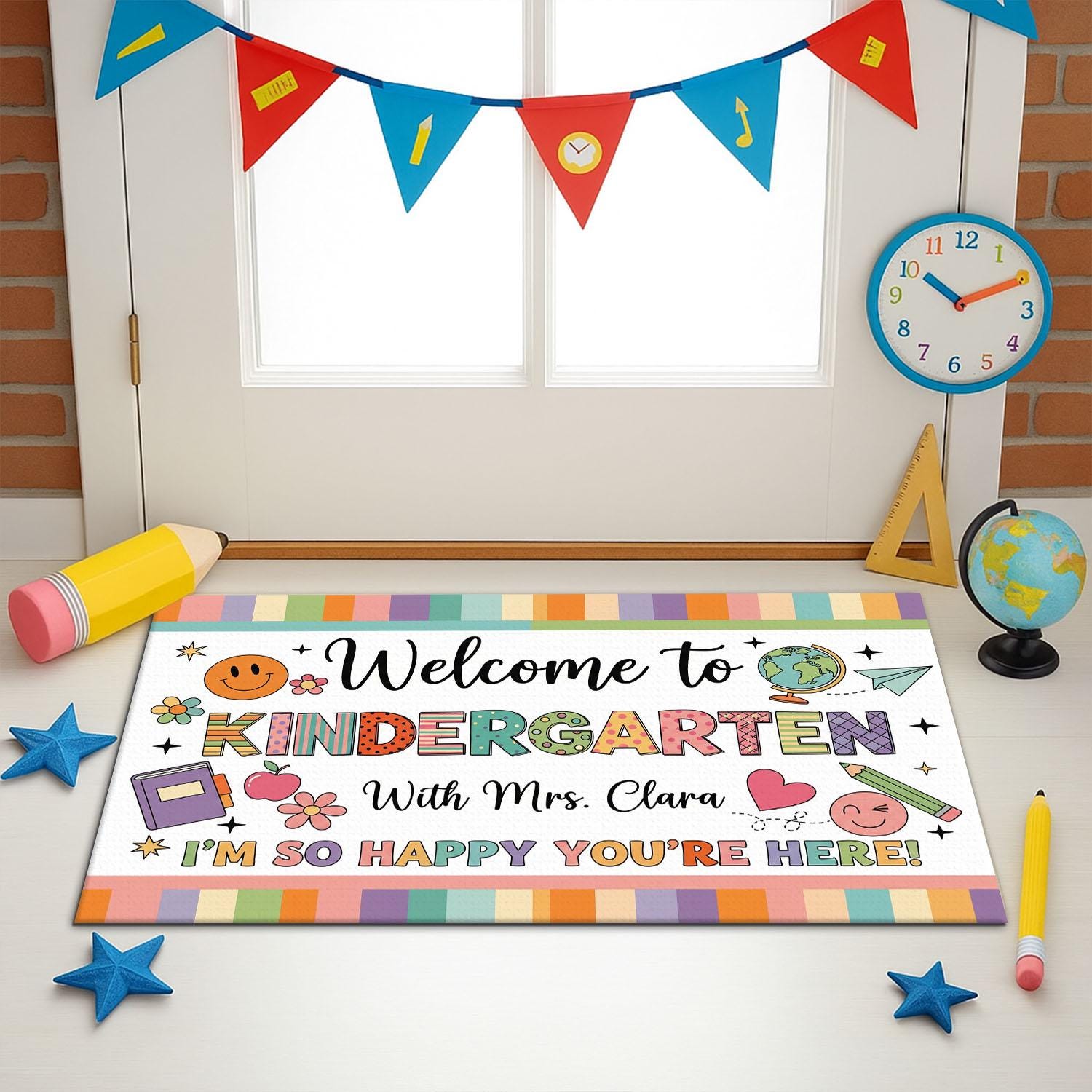Welcome to Kindergarten Doormat - Personalized Classroom Rug with Teacher Name, Cute Back to School Mat for Kids, Colorful Entry Decor