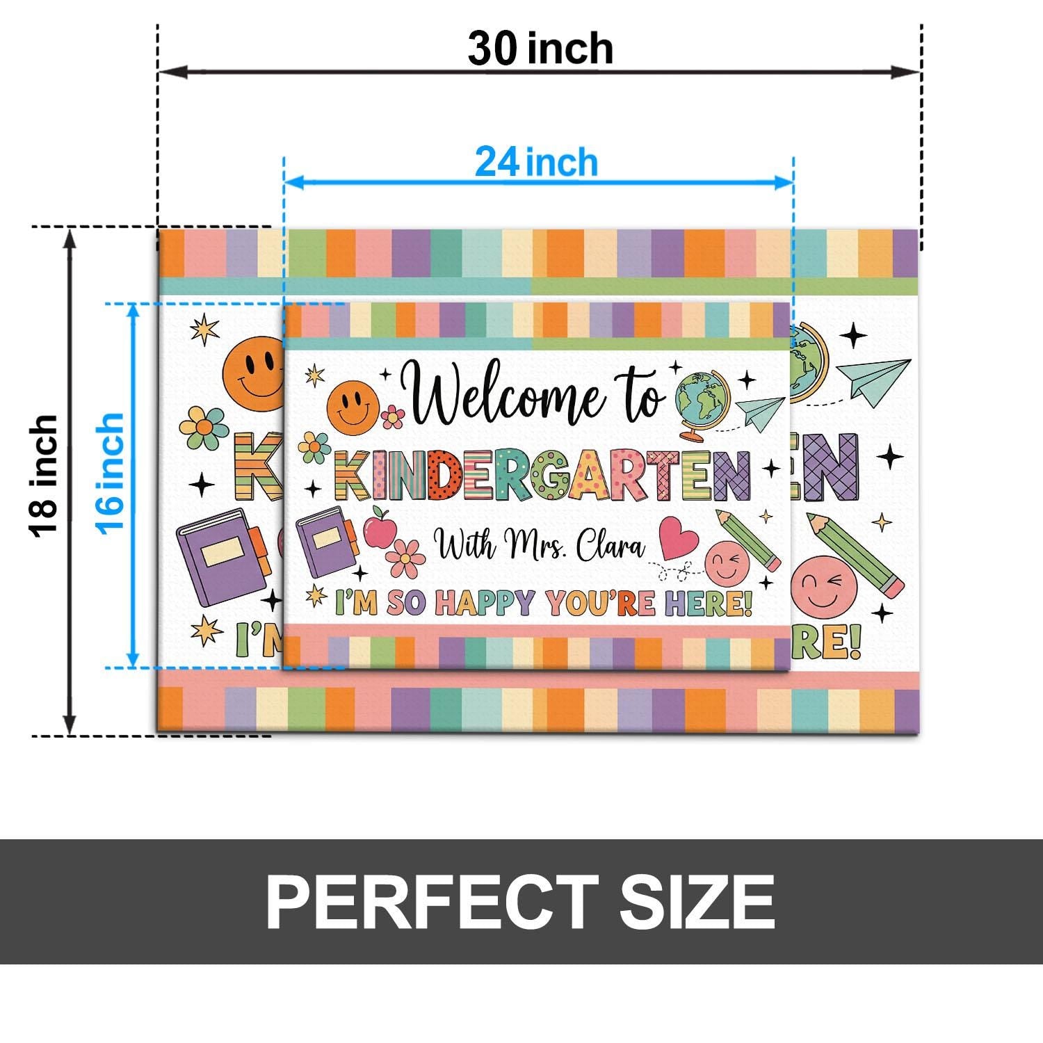 Welcome to Kindergarten Doormat - Personalized Classroom Rug with Teacher Name, Cute Back to School Mat for Kids, Colorful Entry Decor