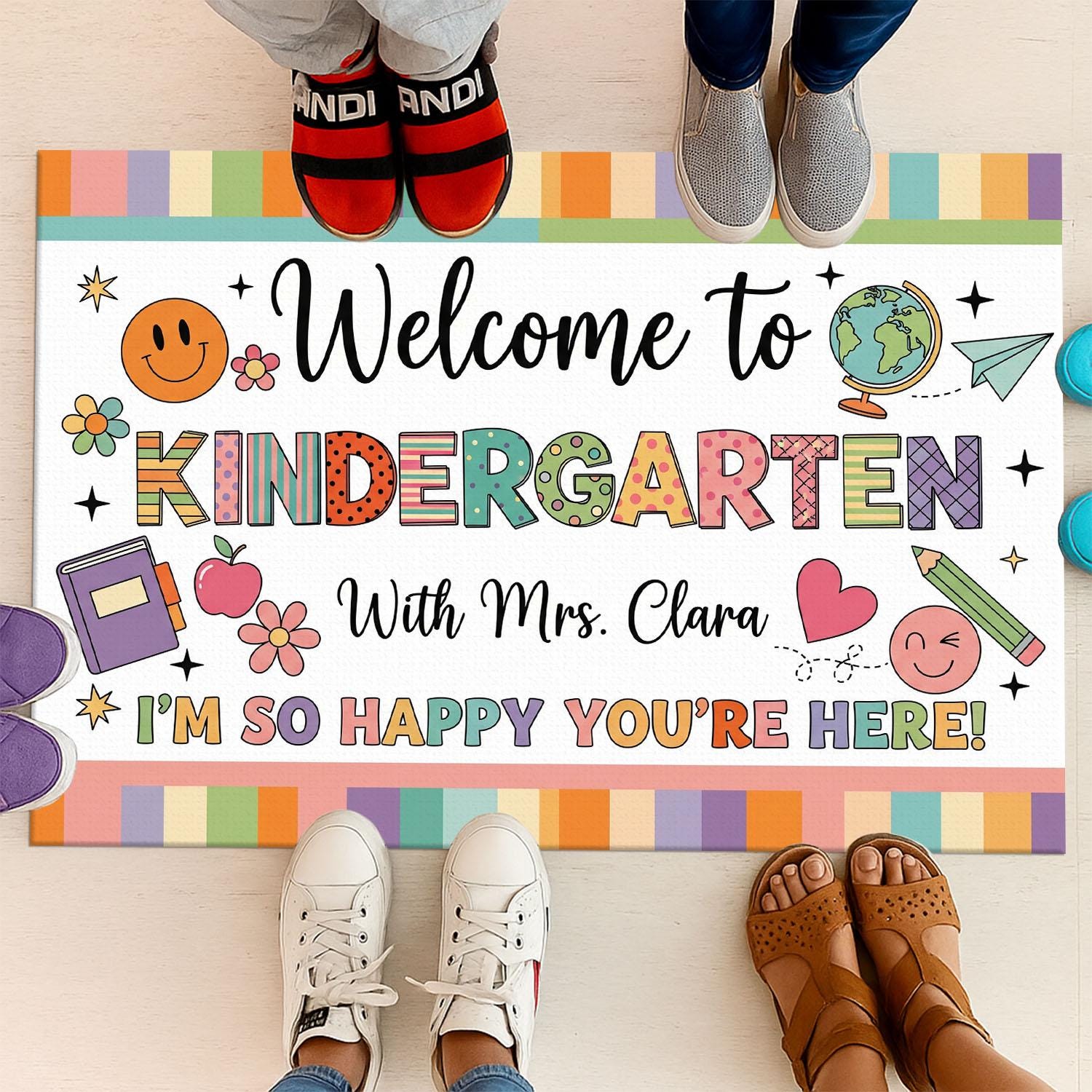 Welcome to Kindergarten Doormat - Personalized Classroom Rug with Teacher Name, Cute Back to School Mat for Kids, Colorful Entry Decor