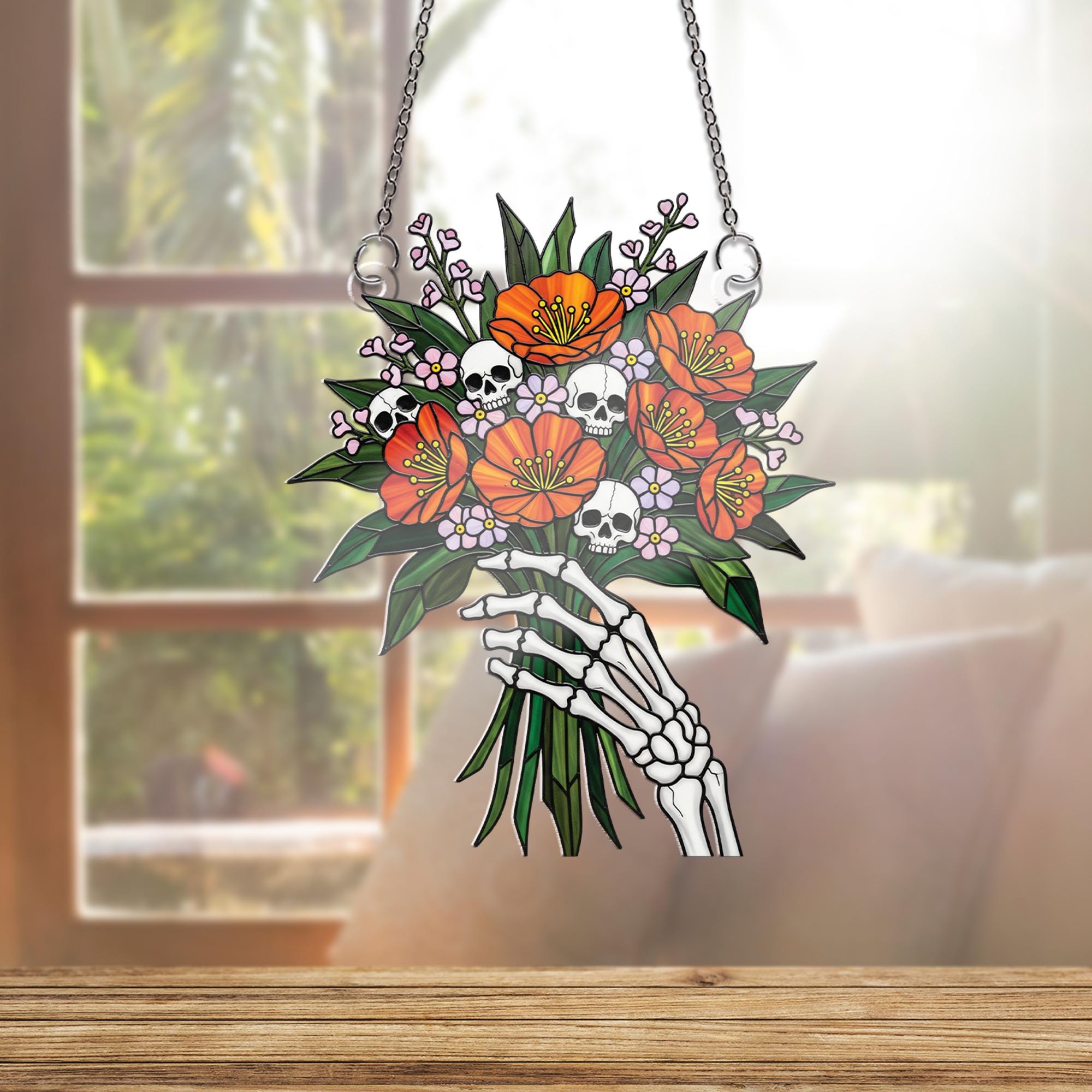 Stained Glass Skeleton Hand Bouquet Suncatcher, Gothic Floral Window Decor, Macabre Skull Flower Art, Unique Dark Gift