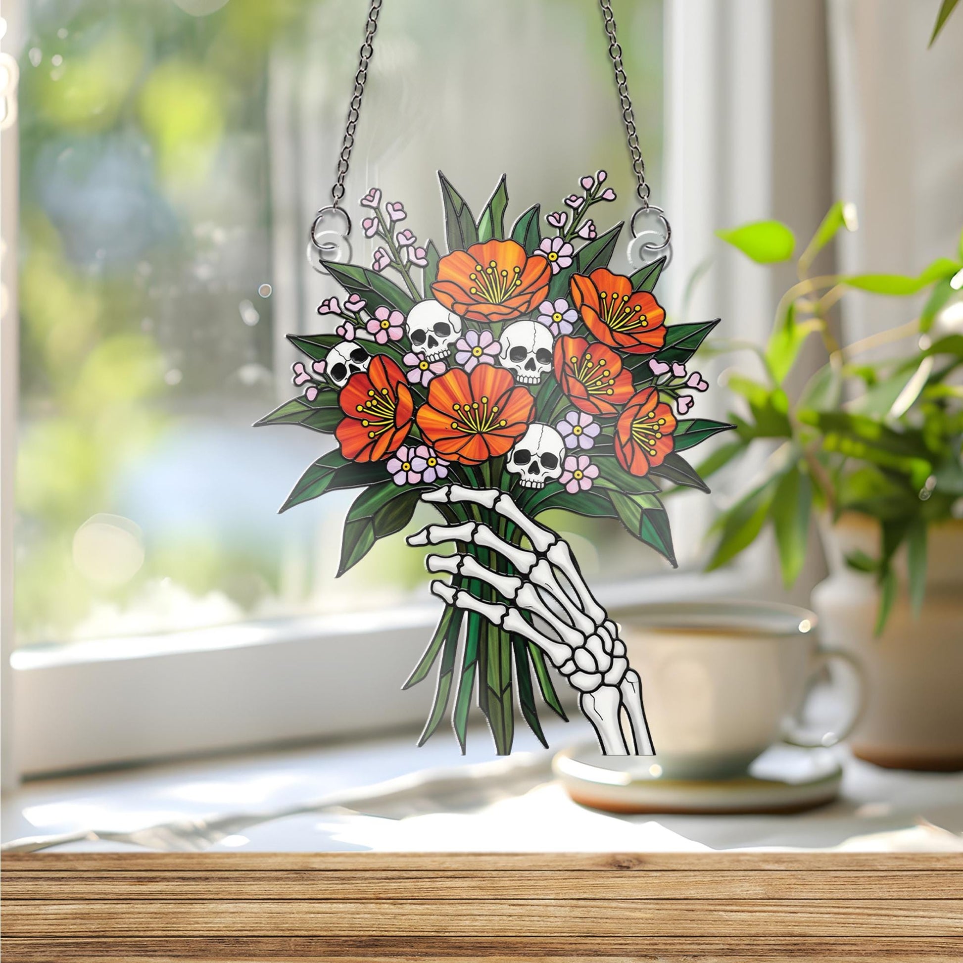Stained Glass Skeleton Hand Bouquet Suncatcher, Gothic Floral Window Decor, Macabre Skull Flower Art, Unique Dark Gift