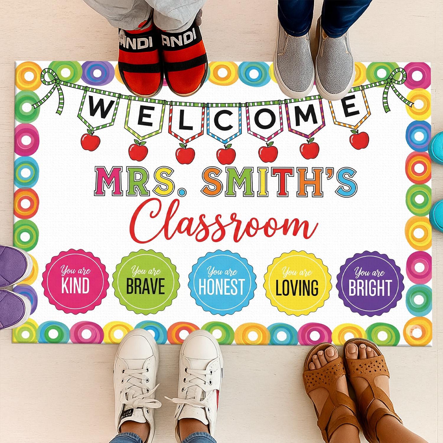 Personalized Classroom Doormat - Welcome Mat with Teacher Name, Colorful School Decor, Motivational Rug for Back to School