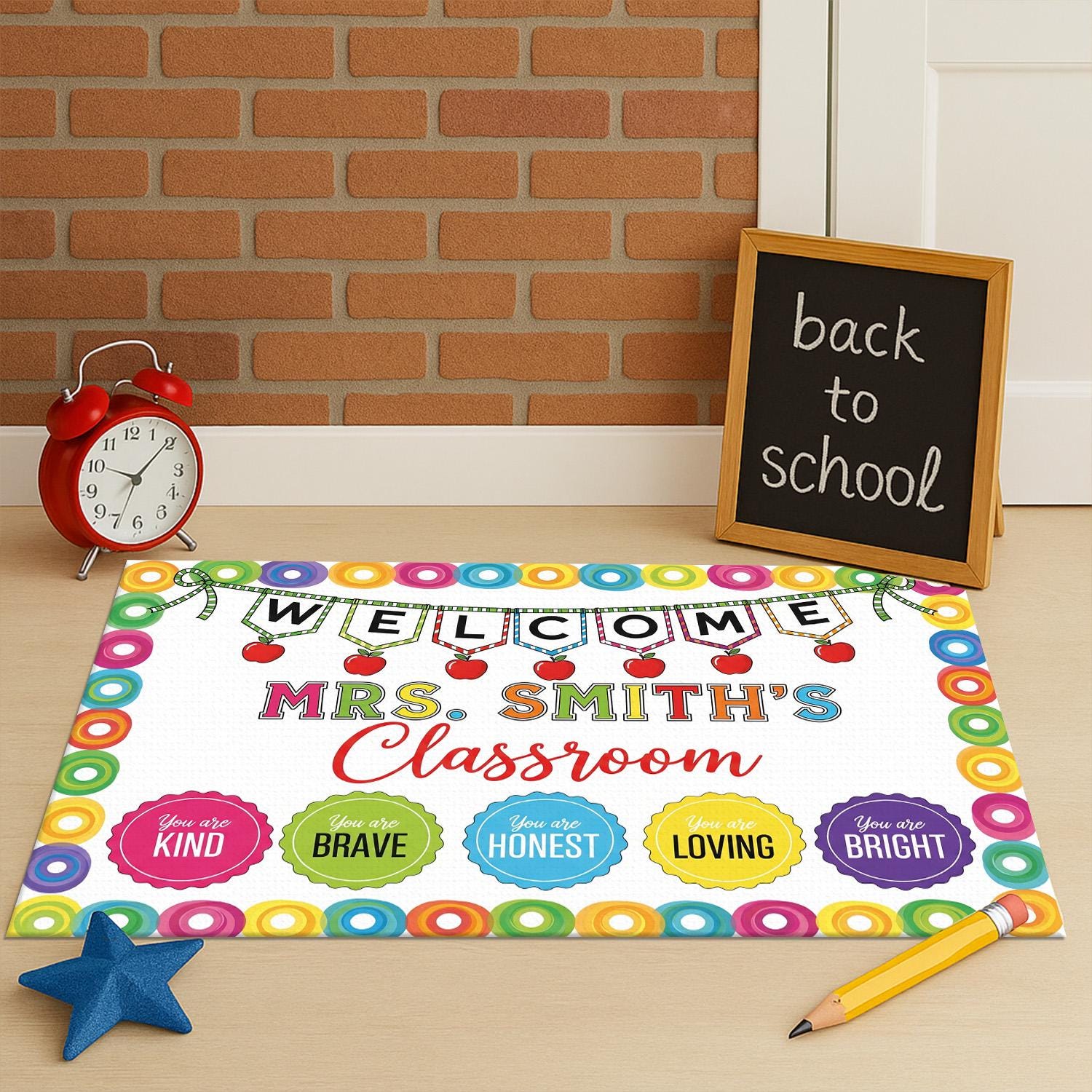Personalized Classroom Doormat - Welcome Mat with Teacher Name, Colorful School Decor, Motivational Rug for Back to School