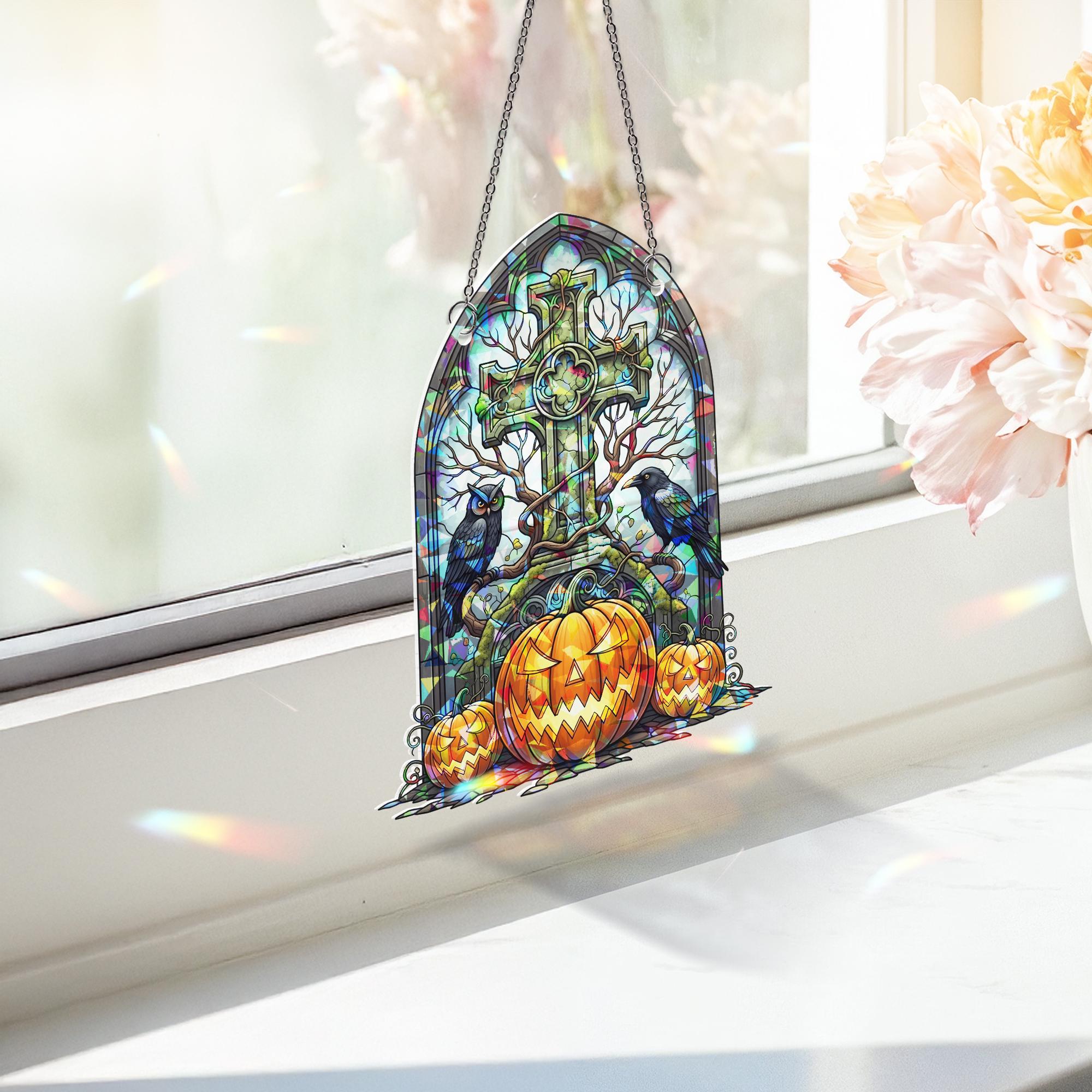 Halloween Stained Glass Cross Suncatcher, Gothic Pumpkin Window Decor, Spooky Owl Raven Art, Creepy Home Gift