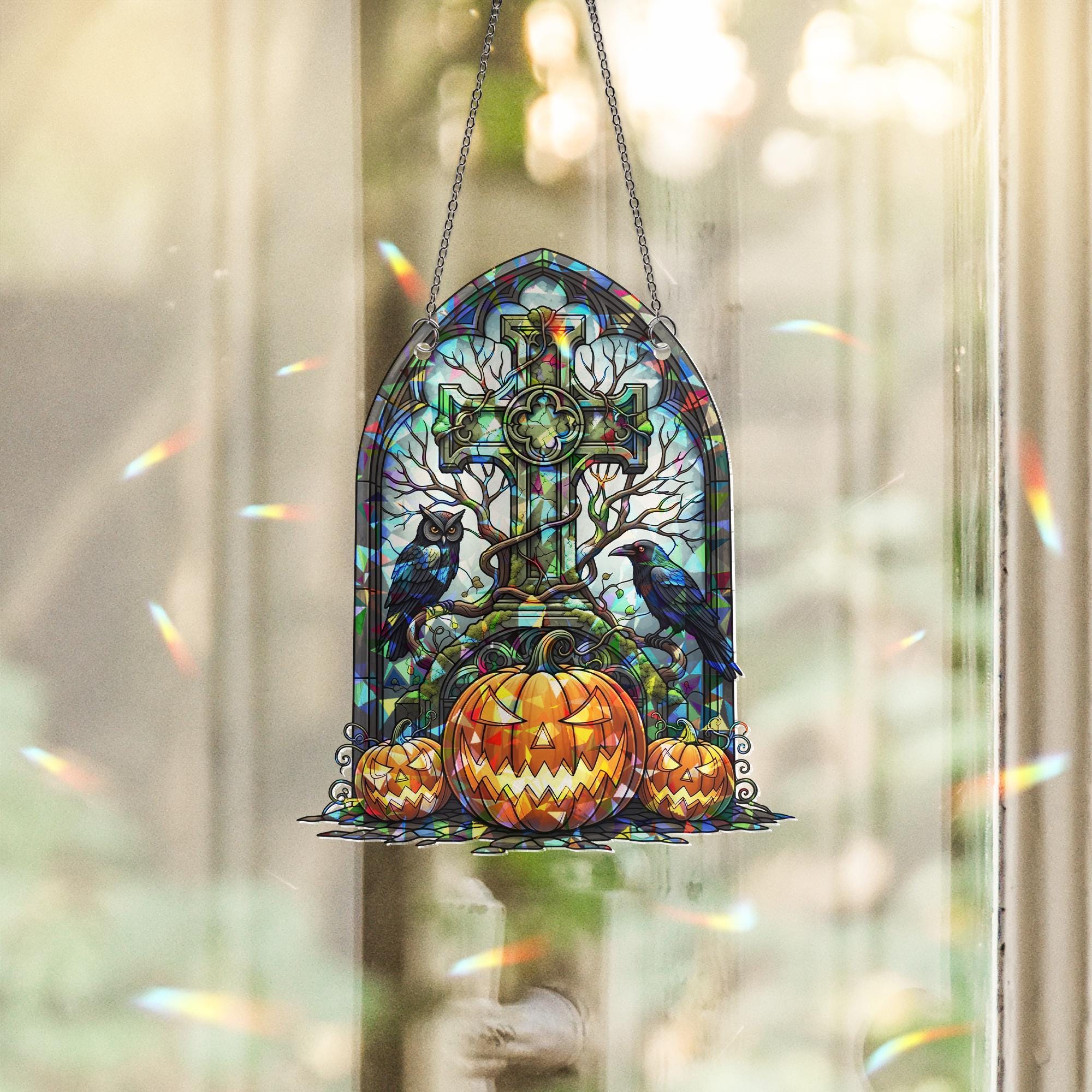 Halloween Stained Glass Cross Suncatcher, Gothic Pumpkin Window Decor, Spooky Owl Raven Art, Creepy Home Gift