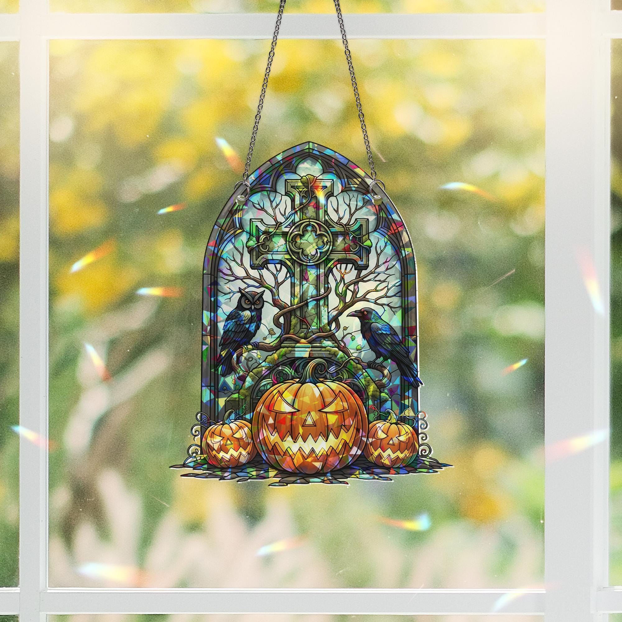 Halloween Stained Glass Cross Suncatcher, Gothic Pumpkin Window Decor, Spooky Owl Raven Art, Creepy Home Gift