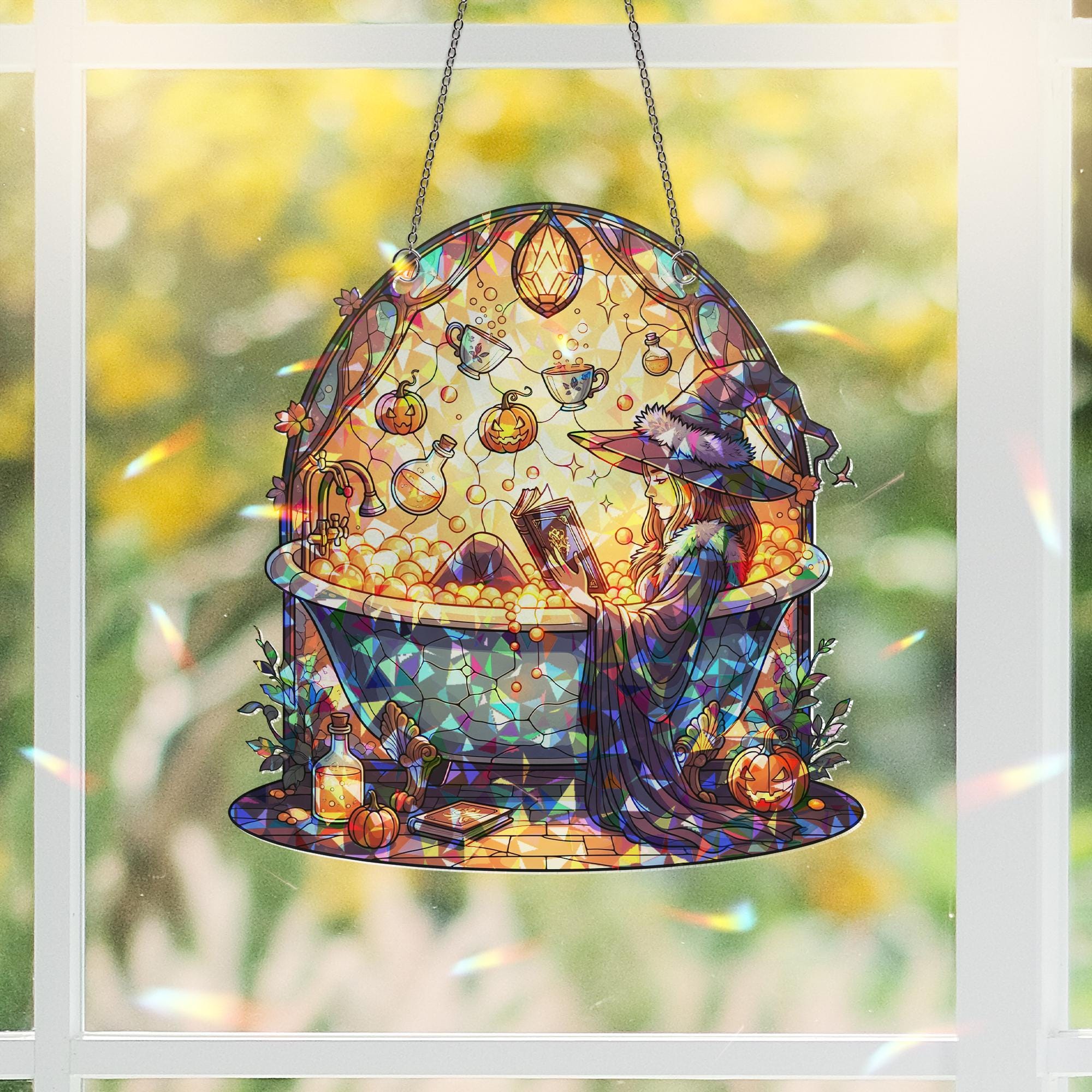 Stained Glass Witch Suncatcher - Halloween Witch Bath Decor - Cozy Gothic Wall Art - Witchy Window Hanging - Fantasy Fall Gift
