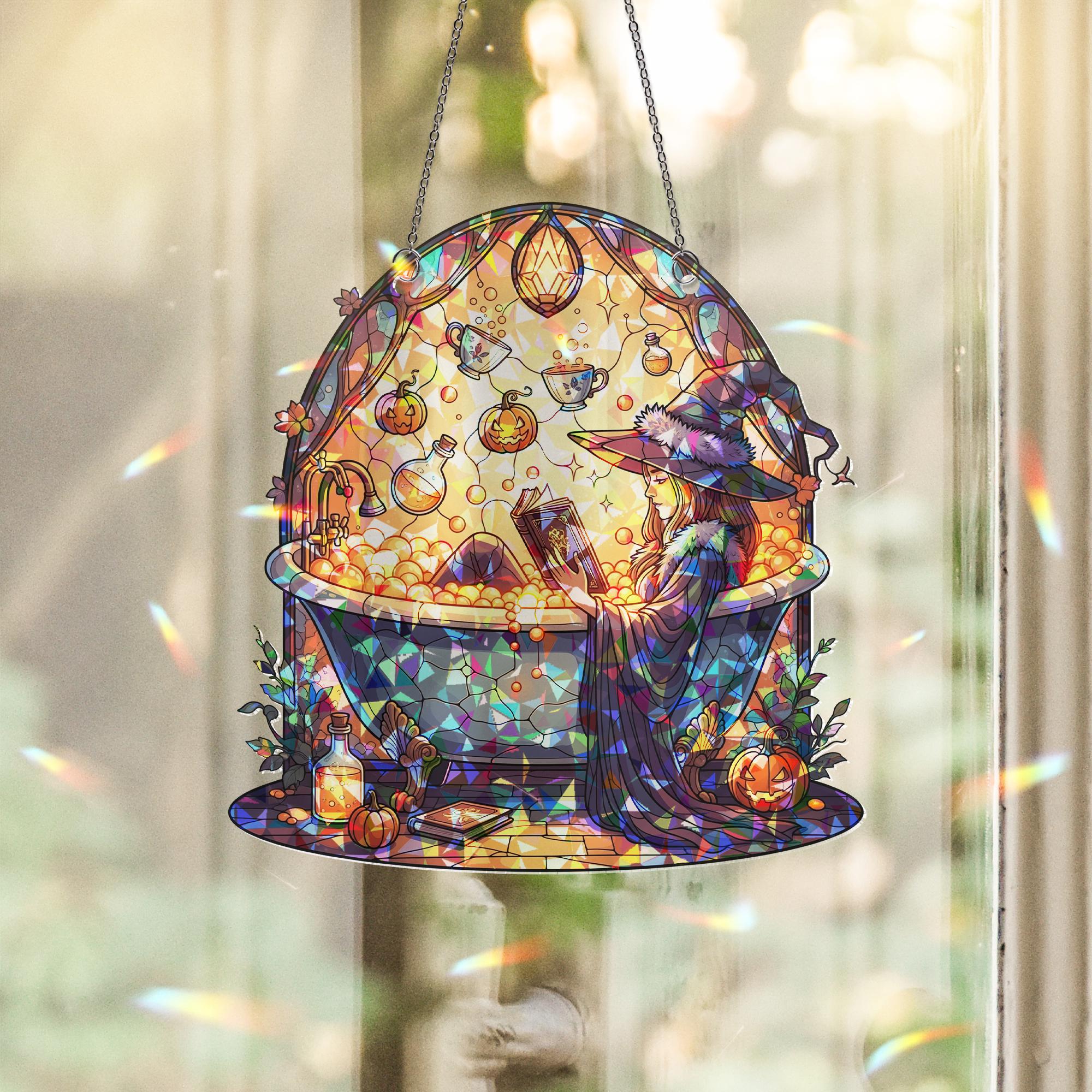 Stained Glass Witch Suncatcher - Halloween Witch Bath Decor - Cozy Gothic Wall Art - Witchy Window Hanging - Fantasy Fall Gift