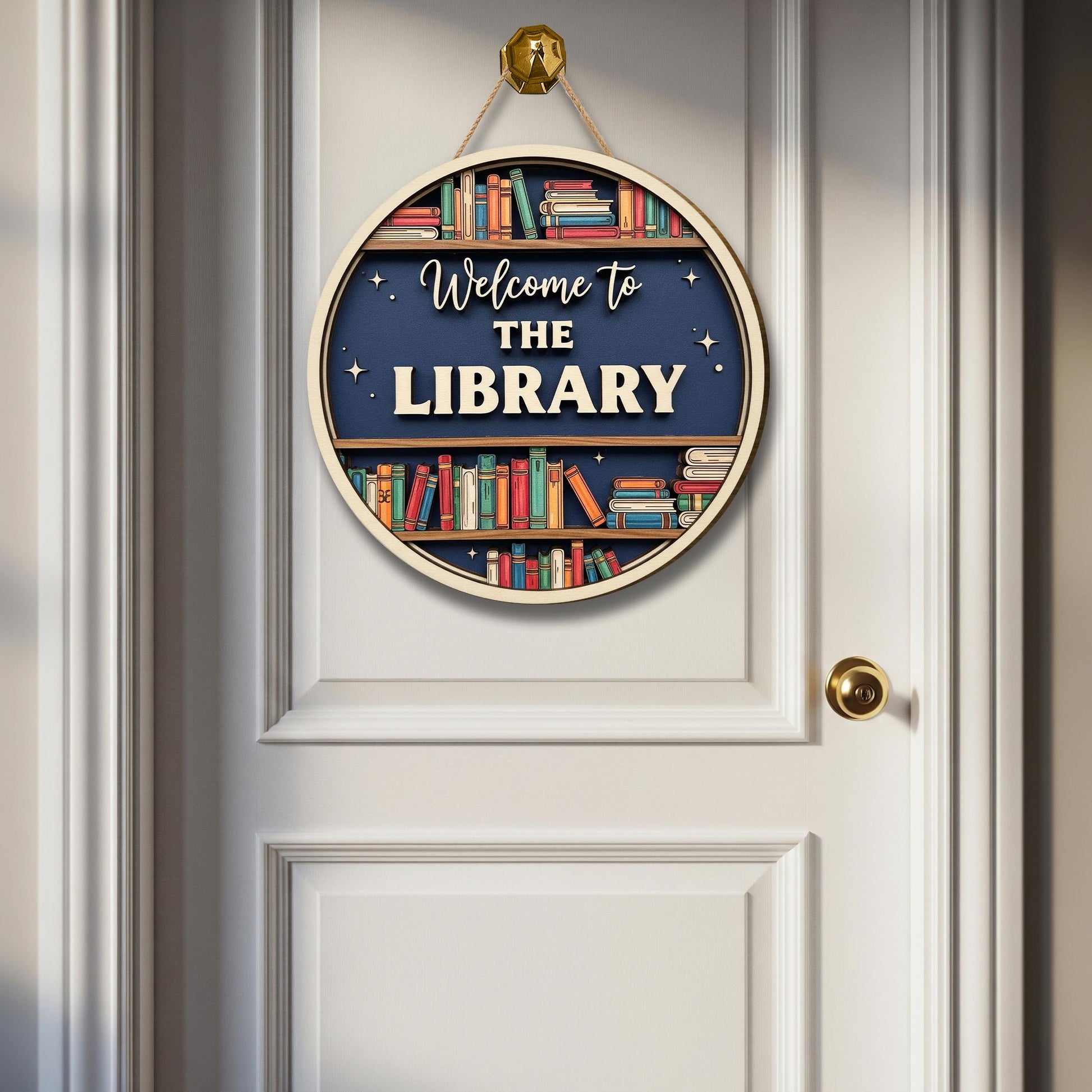Welcome to the Library Sign – 2 Layer Wooden Door Decor with Bookshelf Design – School Library Wall Hanging – Reading Room Teacher Gift