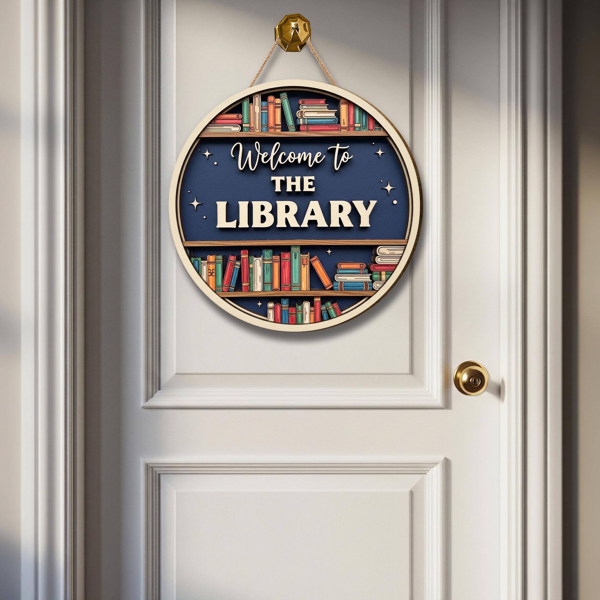 Welcome to the Library Sign – 2 Layer Wooden Door Decor with Bookshelf Design – School Library Wall Hanging – Reading Room Teacher Gift