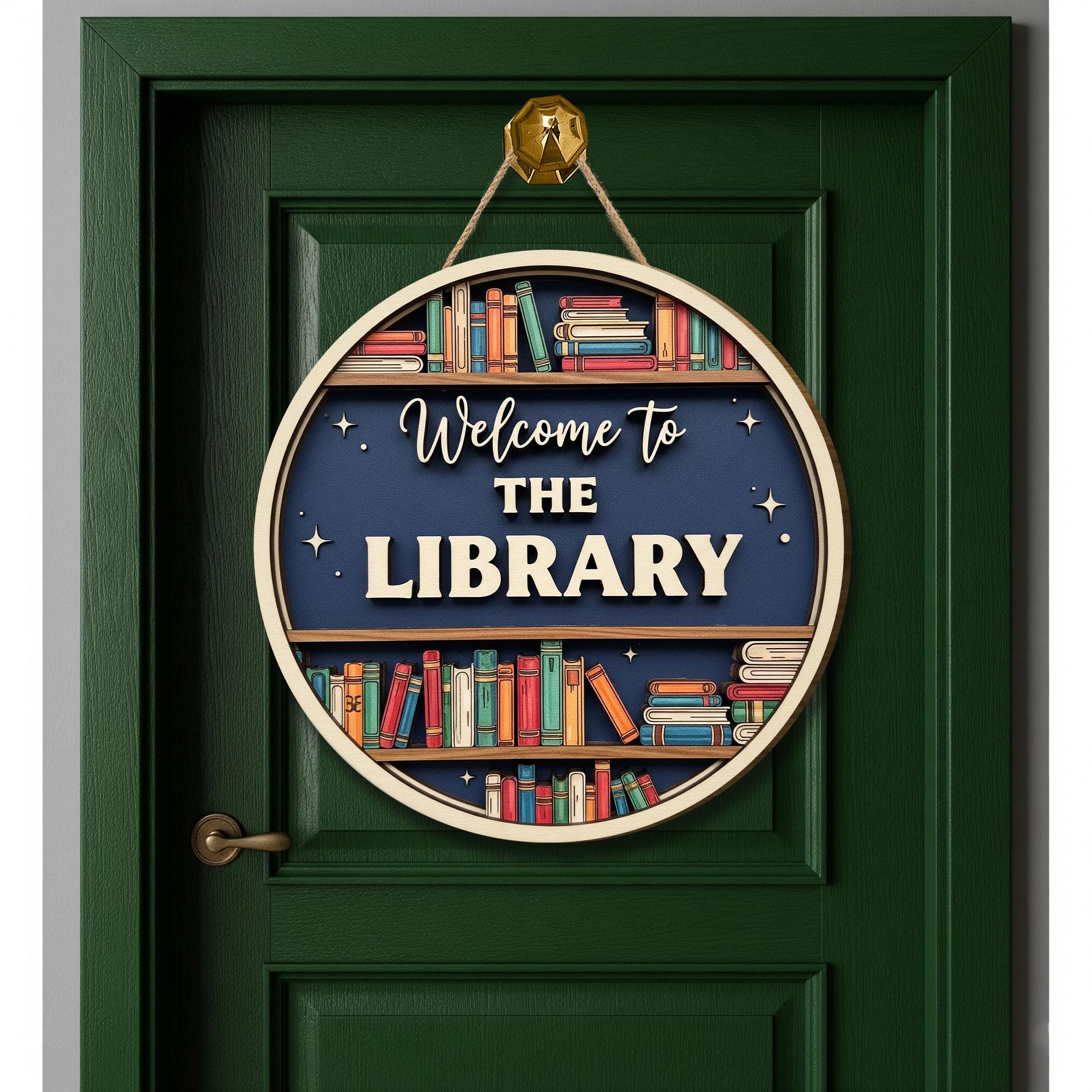 Welcome to the Library Sign – 2 Layer Wooden Door Decor with Bookshelf Design – School Library Wall Hanging – Reading Room Teacher Gift