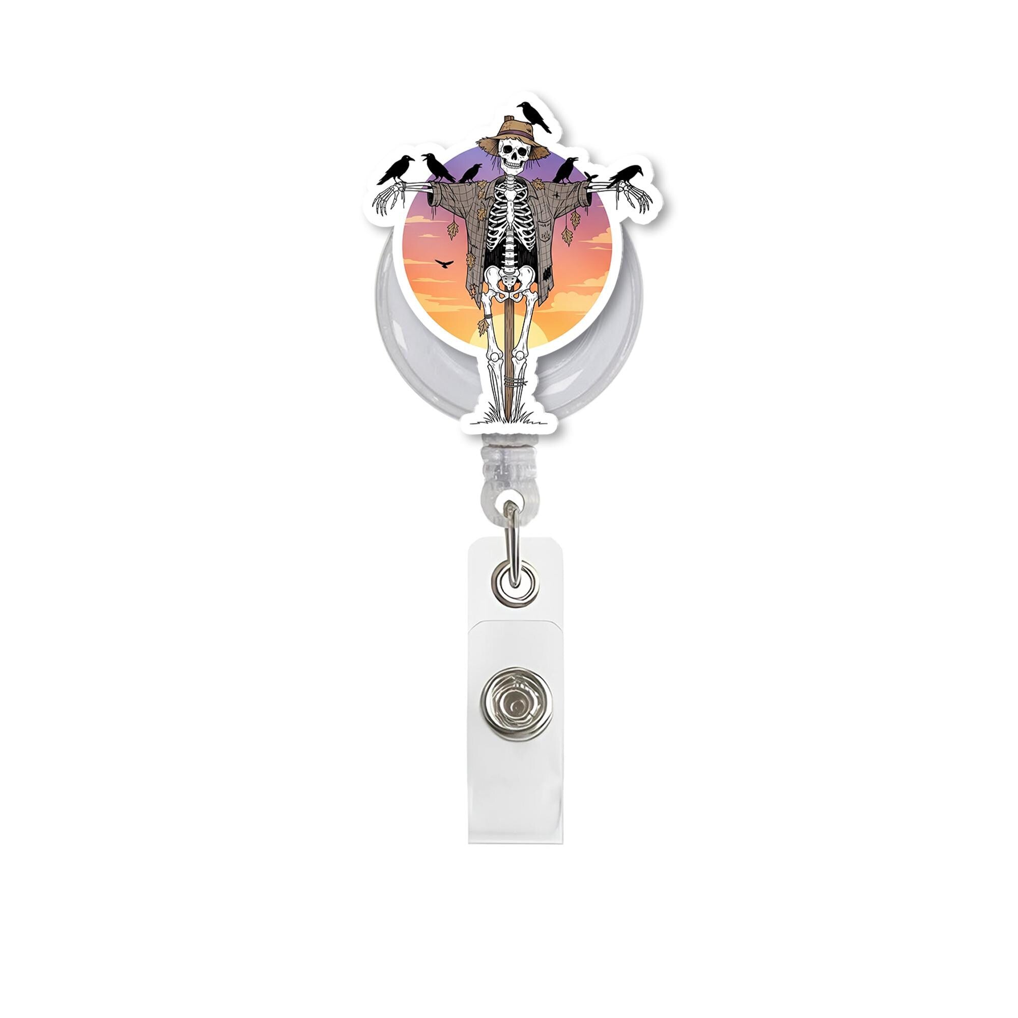 Skeleton Scarecrow Badge Reel - Halloween ID Holder - Spooky Nurse Badge Clip - Cute Fall Retractable Reel - Creepy Skeleton Gift