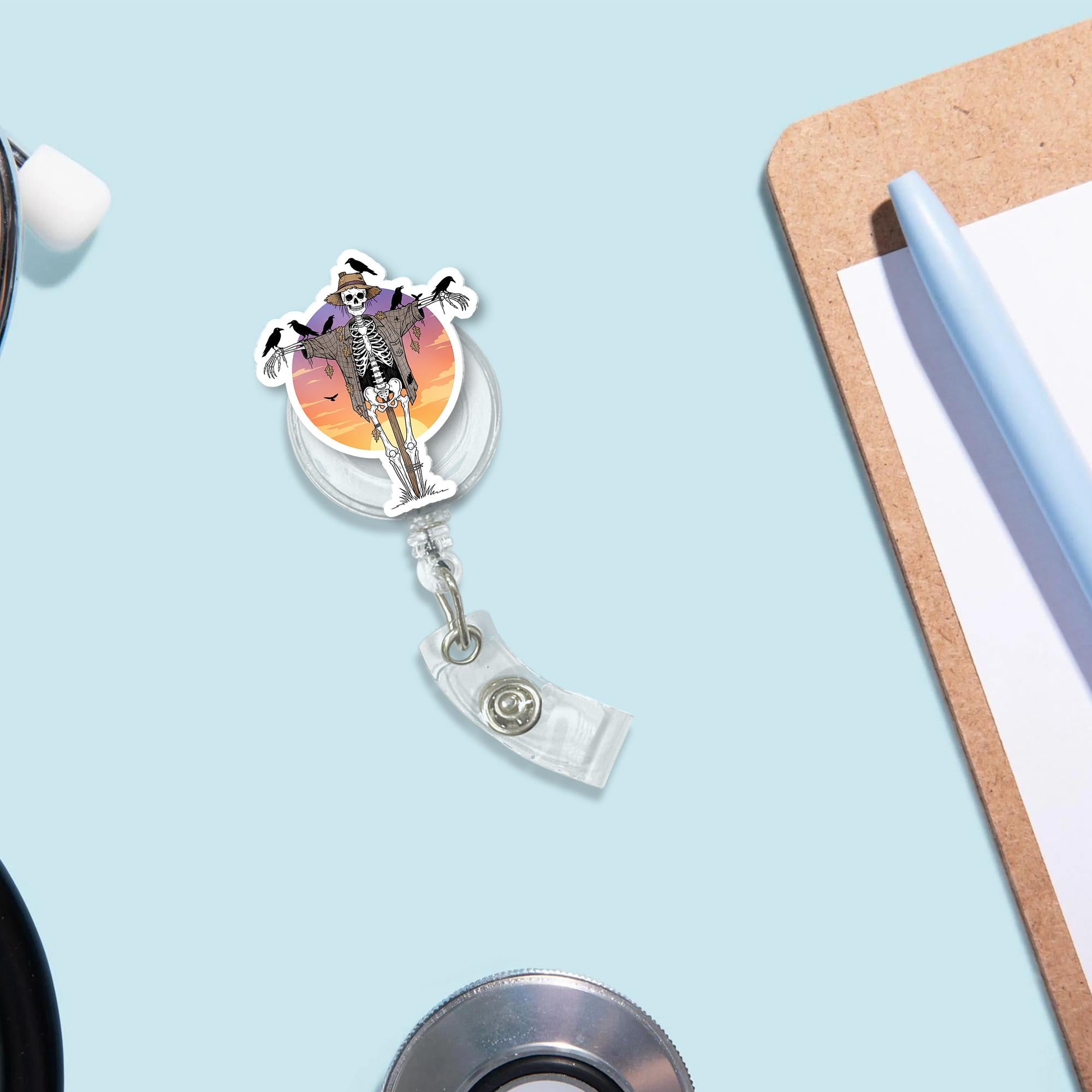 Skeleton Scarecrow Badge Reel - Halloween ID Holder - Spooky Nurse Badge Clip - Cute Fall Retractable Reel - Creepy Skeleton Gift