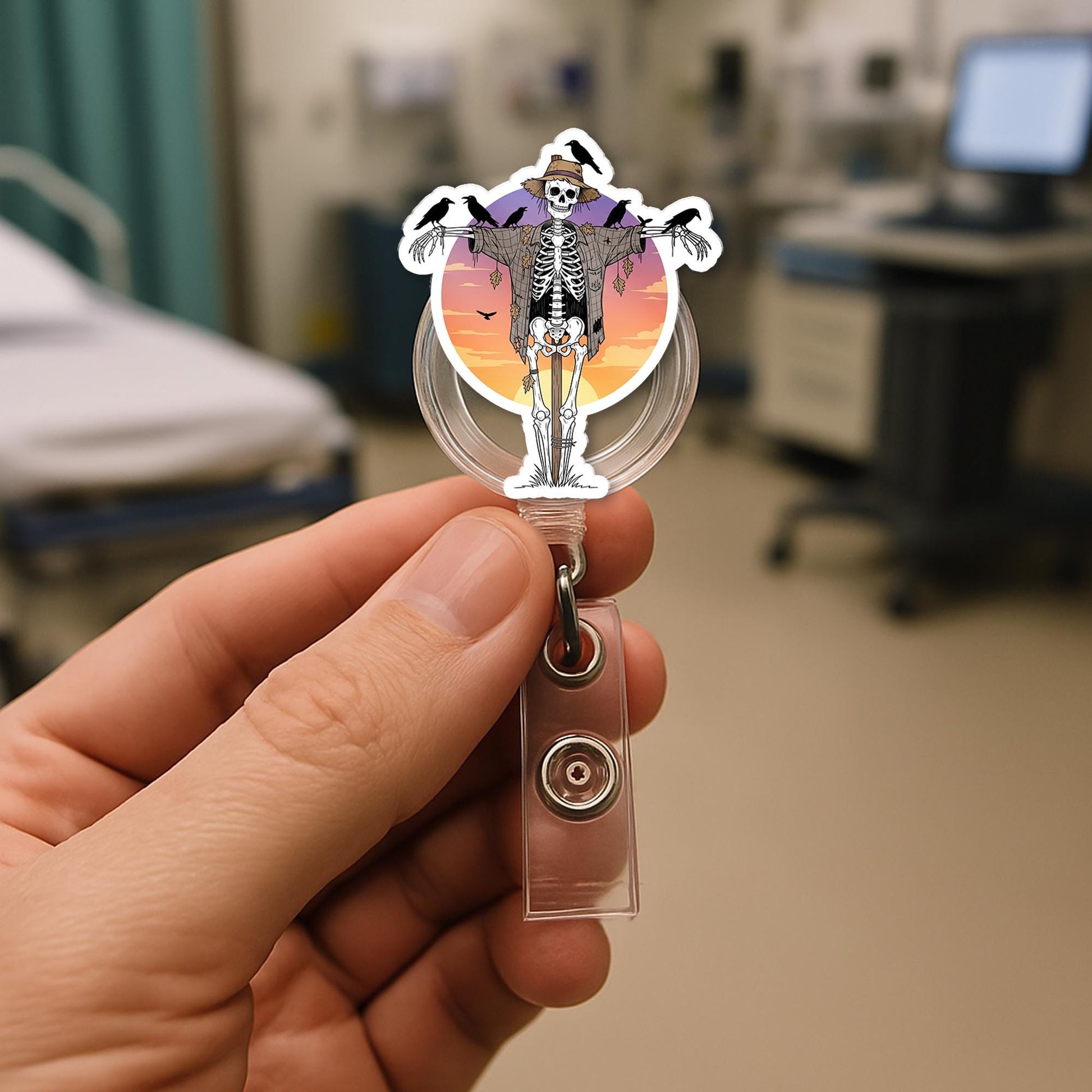 Skeleton Scarecrow Badge Reel - Halloween ID Holder - Spooky Nurse Badge Clip - Cute Fall Retractable Reel - Creepy Skeleton Gift