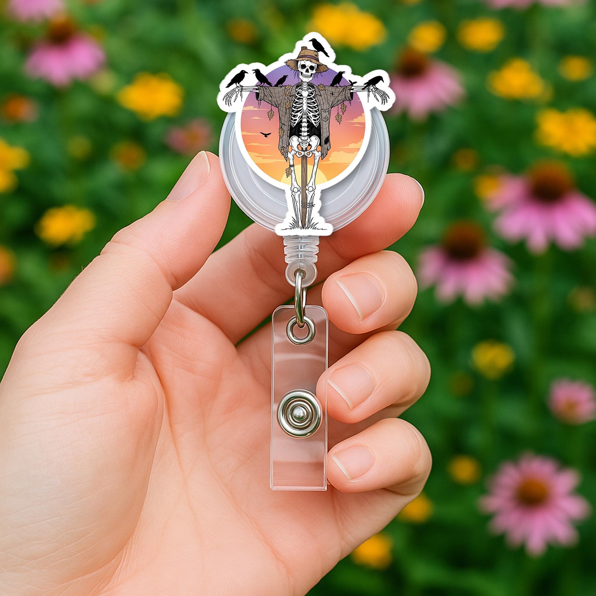 Skeleton Scarecrow Badge Reel - Halloween ID Holder - Spooky Nurse Badge Clip - Cute Fall Retractable Reel - Creepy Skeleton Gift