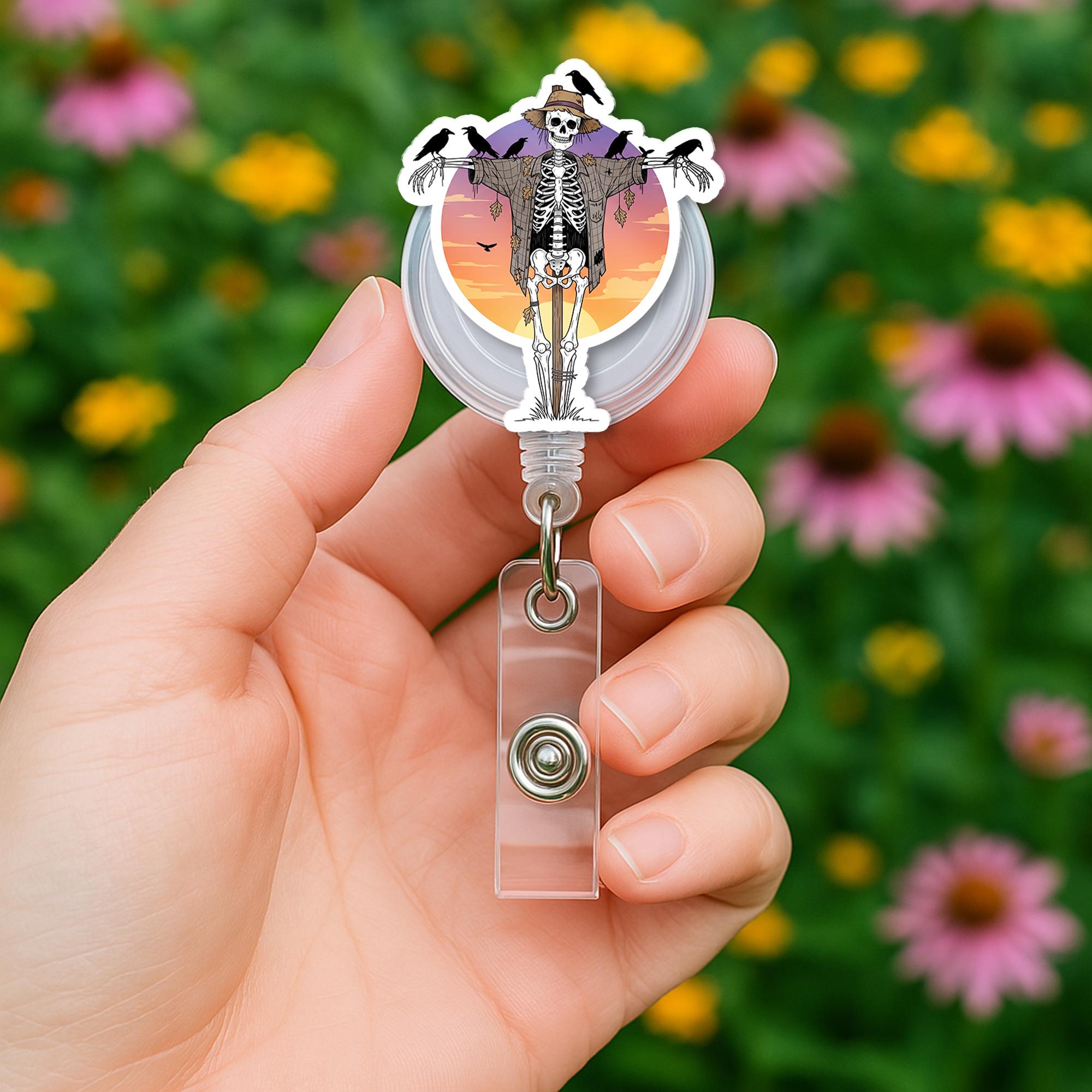 Skeleton Scarecrow Badge Reel - Halloween ID Holder - Spooky Nurse Badge Clip - Cute Fall Retractable Reel - Creepy Skeleton Gift