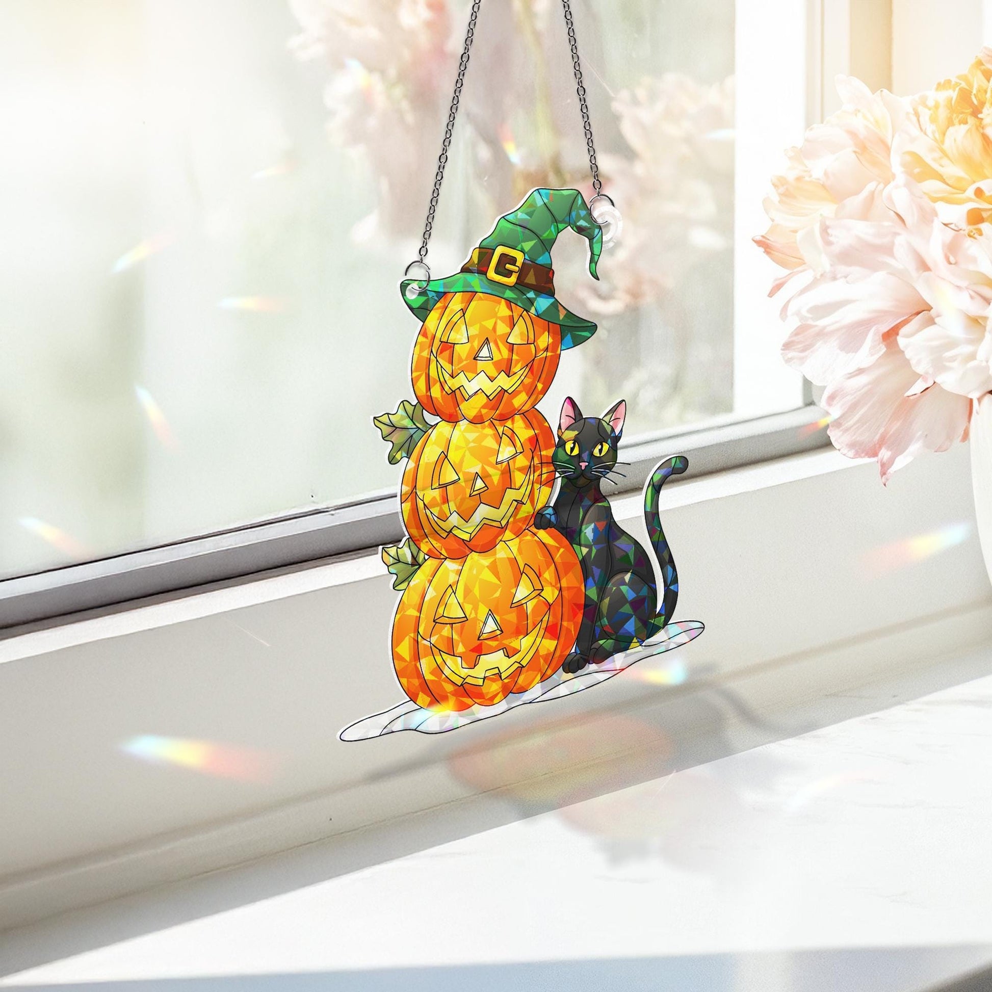 Halloween Stained Glass Pumpkin Stack Suncatcher, Witch Hat Black Cat Decor, Spooky Fall Window Art, Unique Gift
