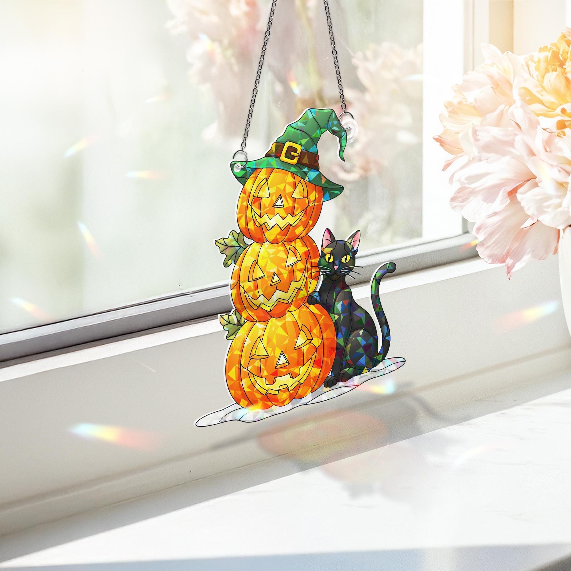 Halloween Stained Glass Pumpkin Stack Suncatcher, Witch Hat Black Cat Decor, Spooky Fall Window Art, Unique Gift
