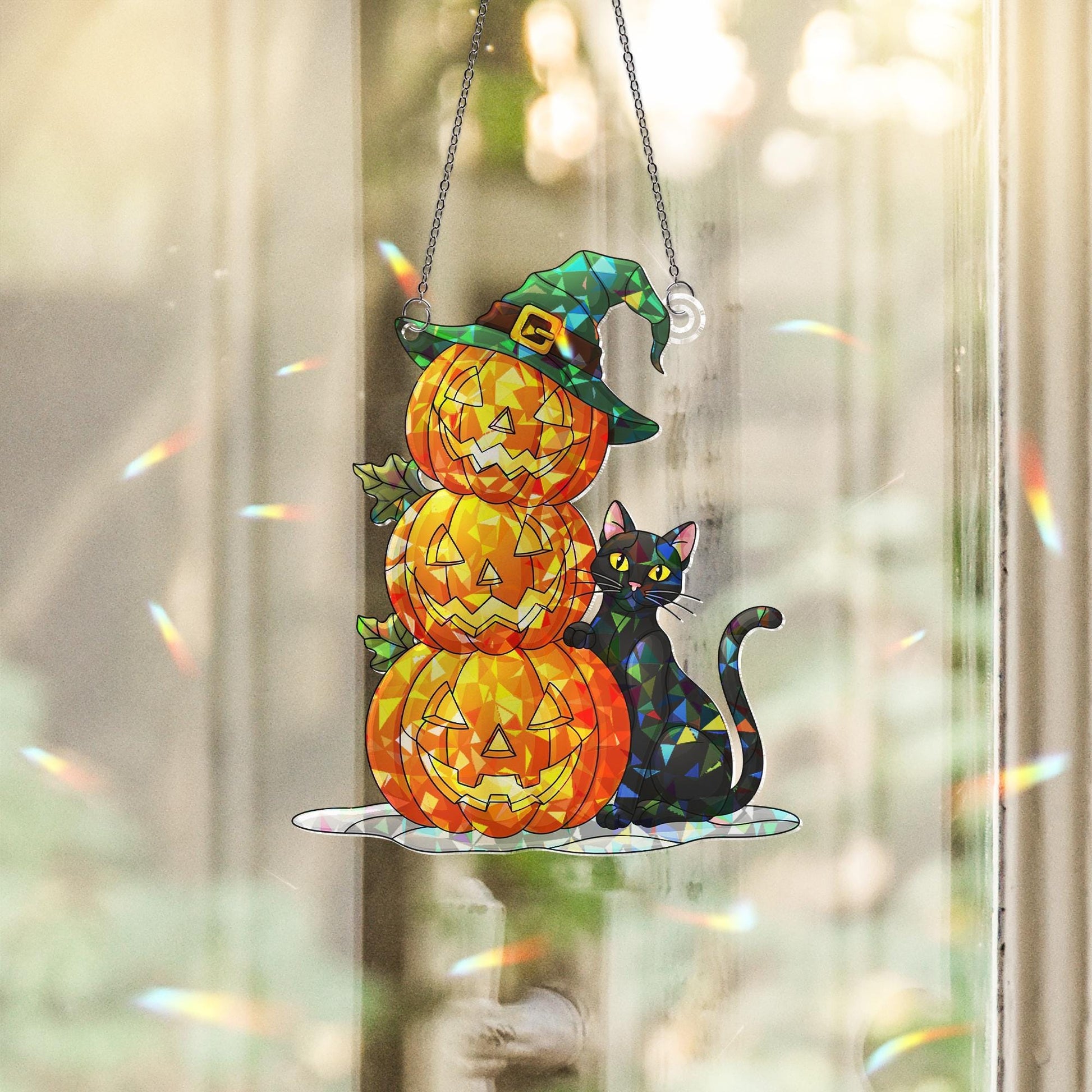 Halloween Stained Glass Pumpkin Stack Suncatcher, Witch Hat Black Cat Decor, Spooky Fall Window Art, Unique Gift