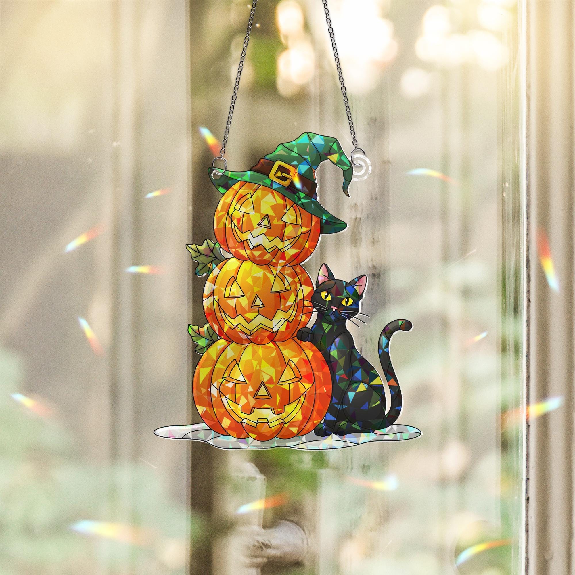Halloween Stained Glass Pumpkin Stack Suncatcher, Witch Hat Black Cat Decor, Spooky Fall Window Art, Unique Gift