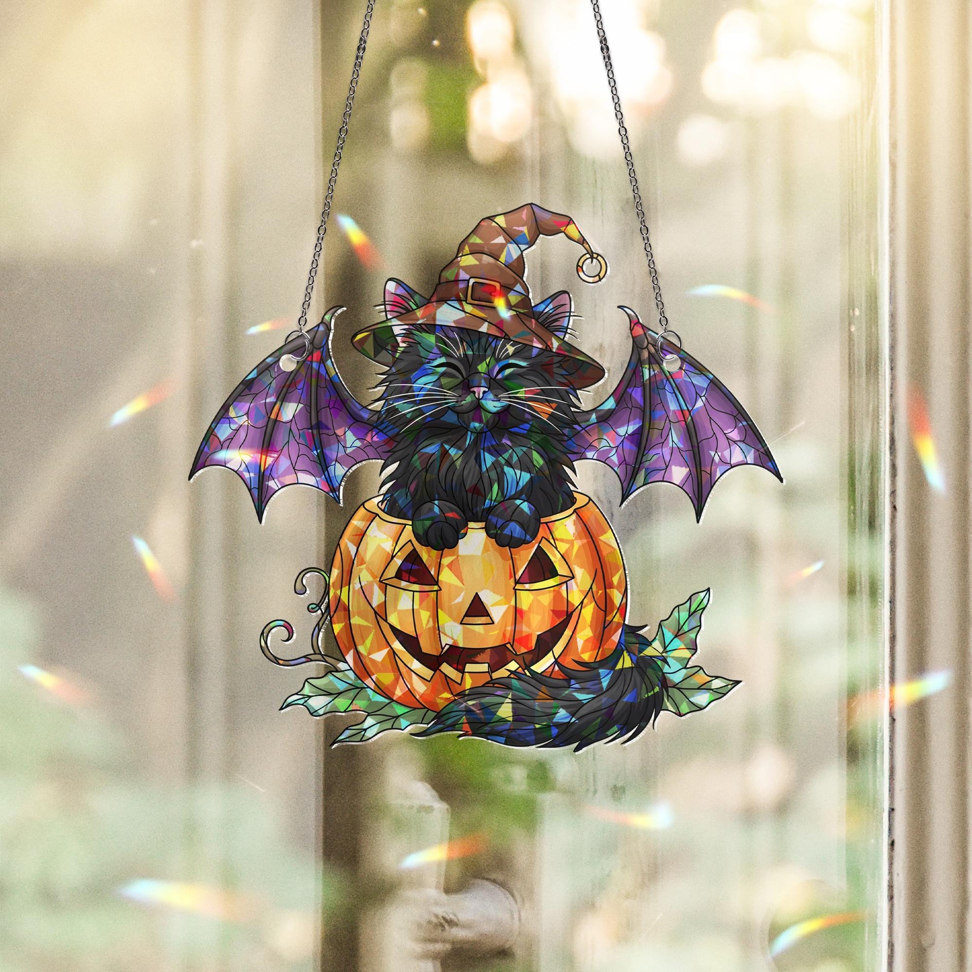 Halloween Stained Glass Bat Cat Suncatcher, Pumpkin Witch Hat Decor, Spooky Black Cat Window Art, Unique Gift