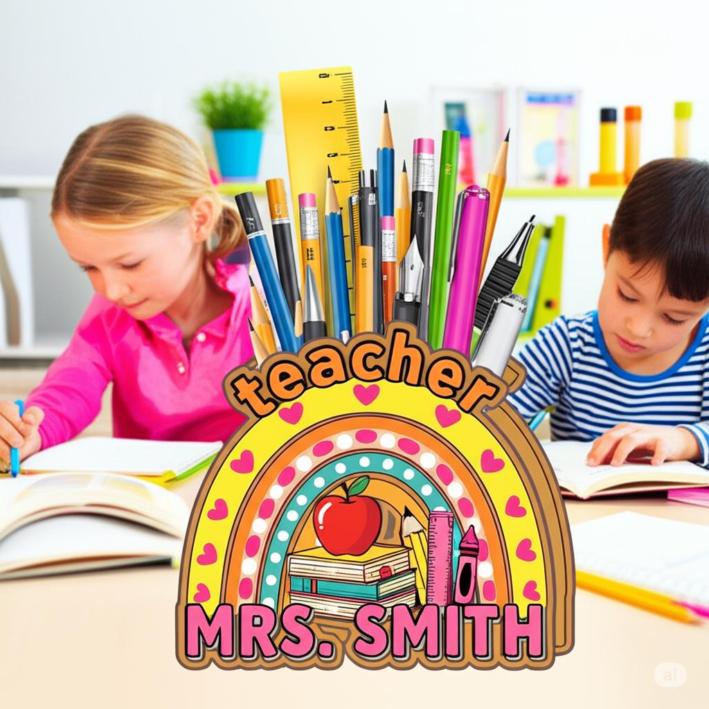 Personalized Teacher Pencil Holder – Rainbow Desk Organizer with Name – Custom Classroom Decor – Back to School Teacher Gift, Office Decor