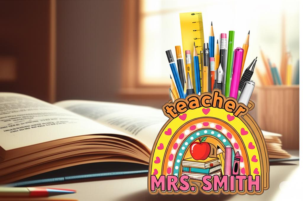 Personalized Teacher Pencil Holder – Rainbow Desk Organizer with Name – Custom Classroom Decor – Back to School Teacher Gift, Office Decor